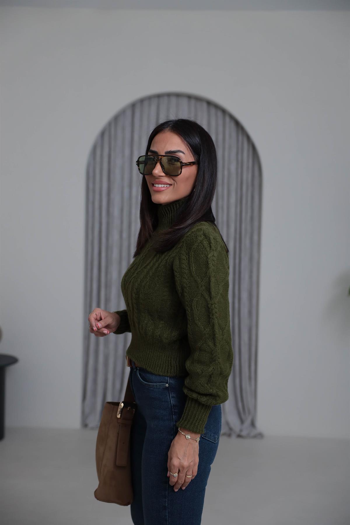 2549 Balıkçı Yaka Örgü Desen Kazak OLİVE