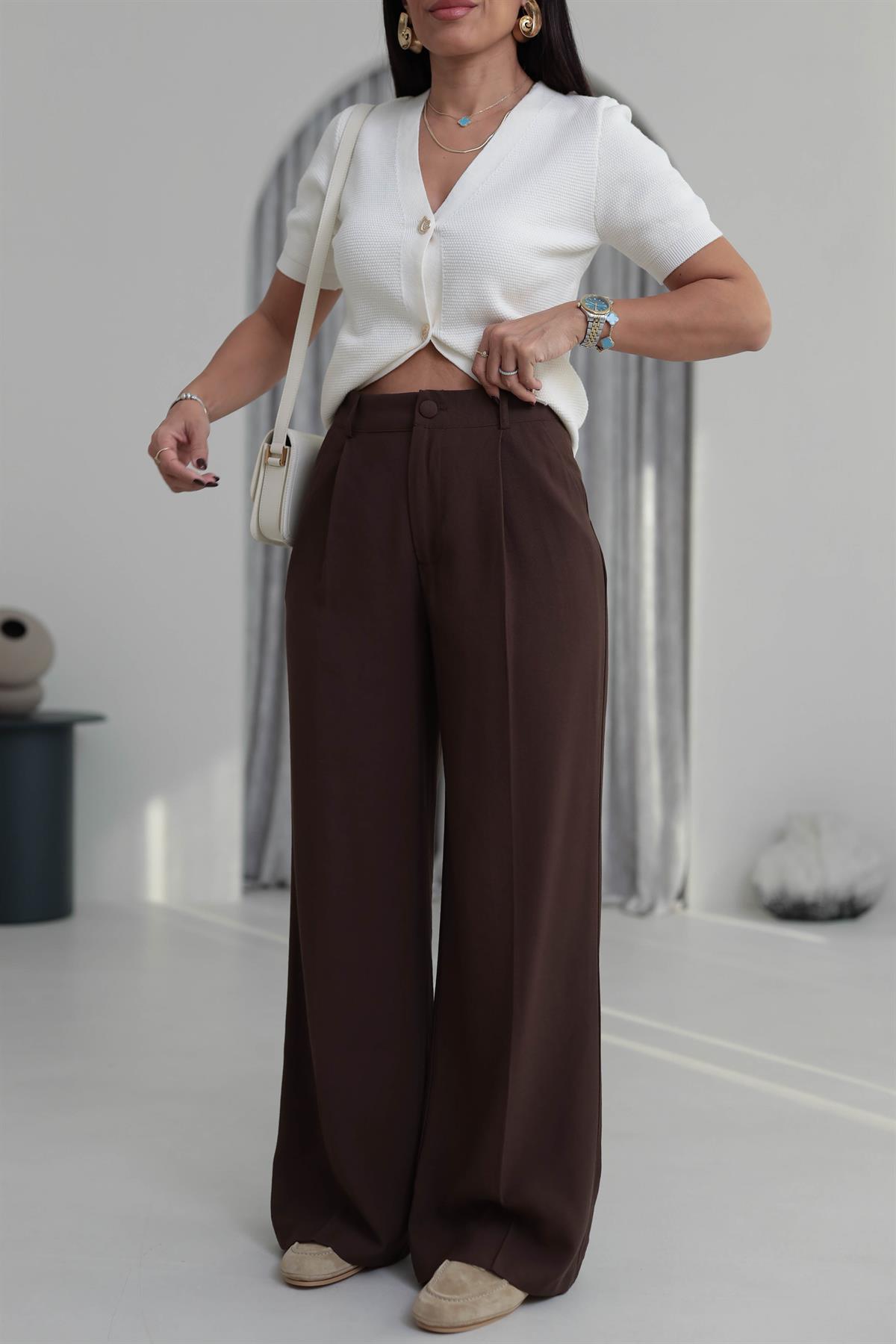 7576 Pileli Bol Paça Pantolon KAHVE