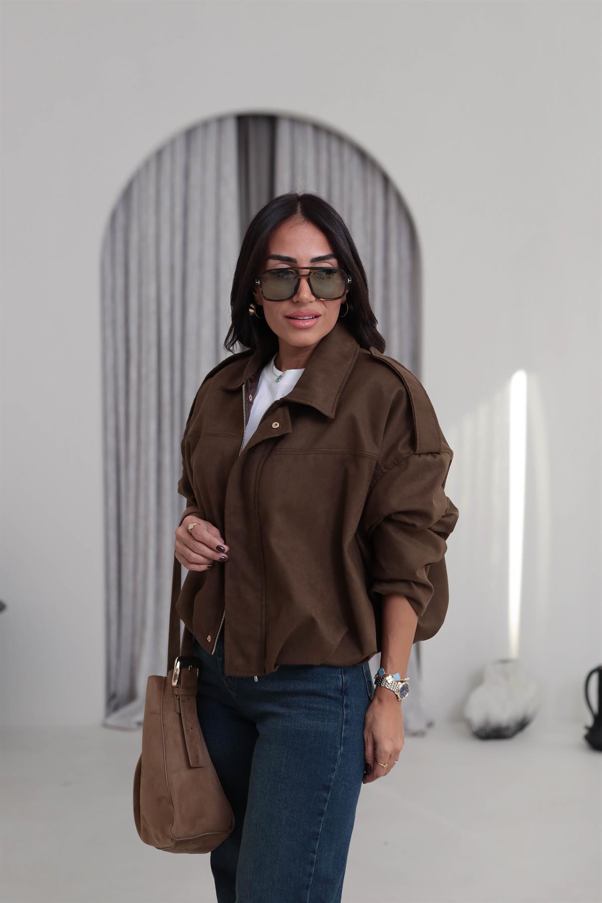 0493 Gömlek Yaka Apoletli Süet Bomber KAHVE