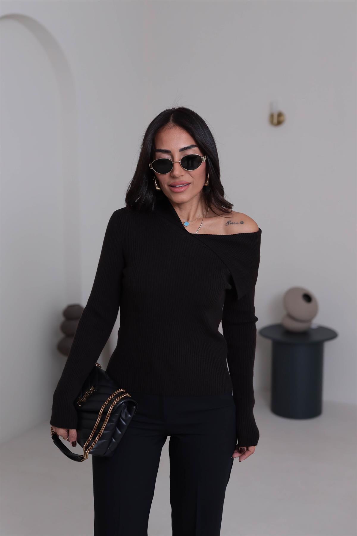 0815 Asimetrik Yaka Fitilli Triko Kazak ACI KAHVE