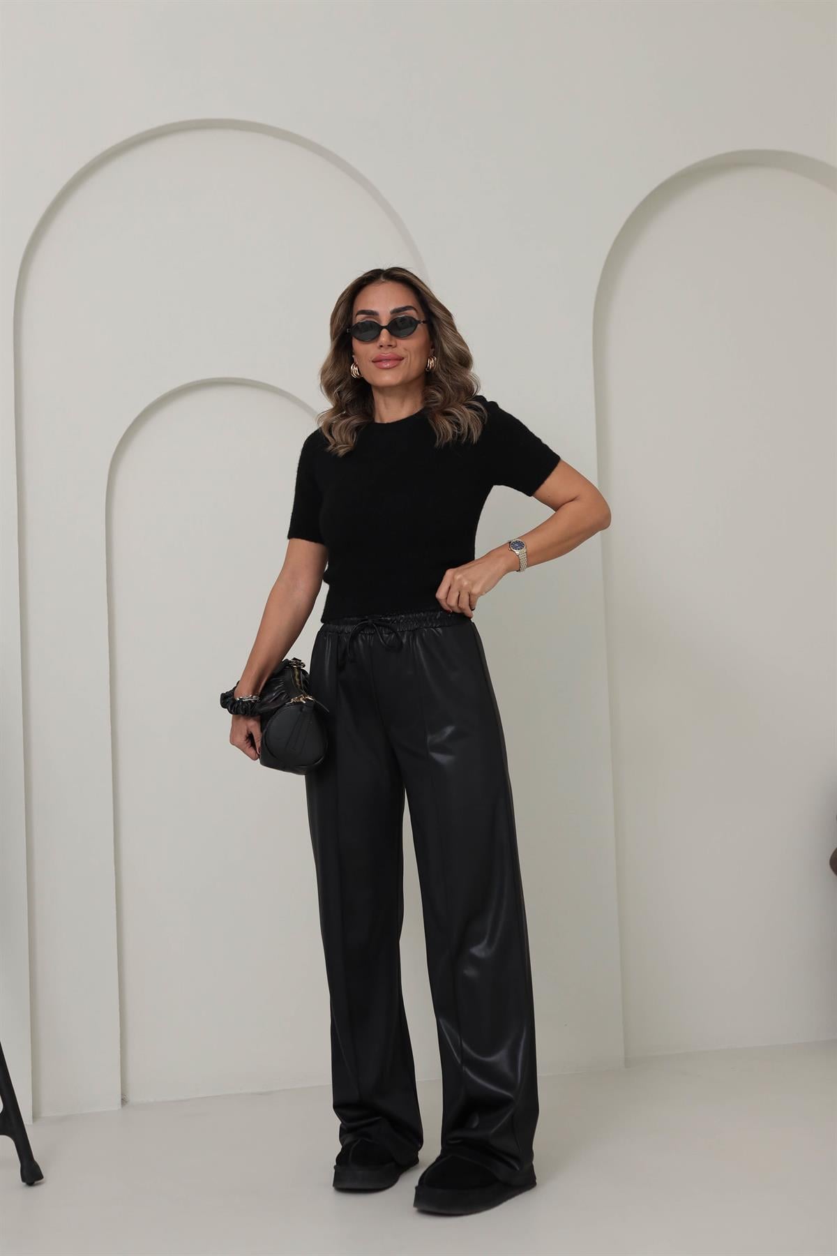 0907 Önü Çimalı Deri Palazzo Pantolon