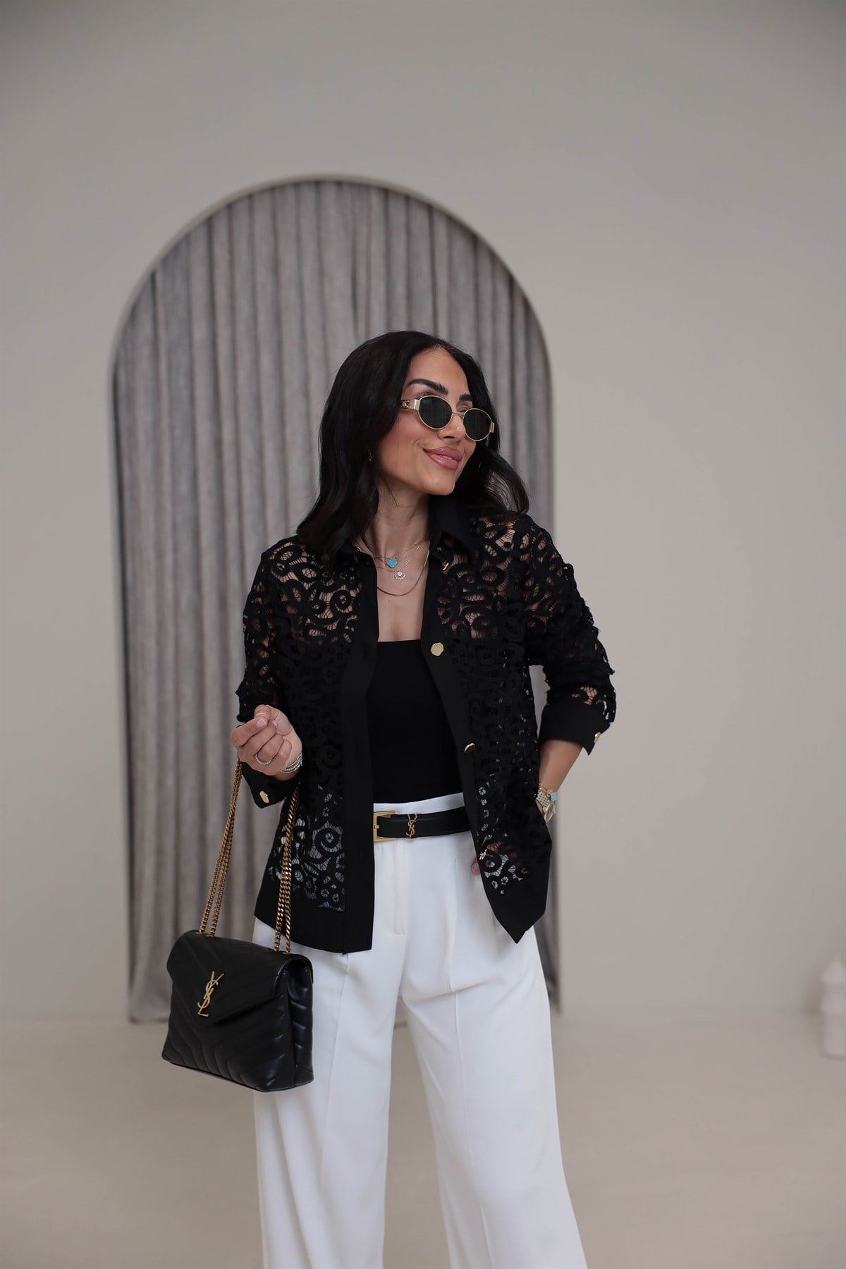 7282 Gömlek Yaka Poplin Garnili Güpürlü Ceket SİYAH