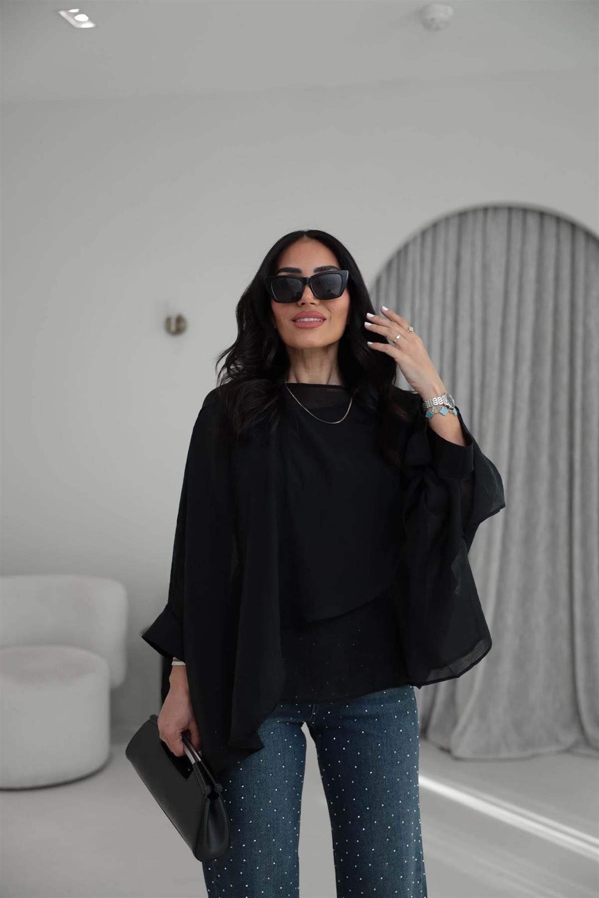 5026 Uçuşan Pelerin Bluz SİYAH