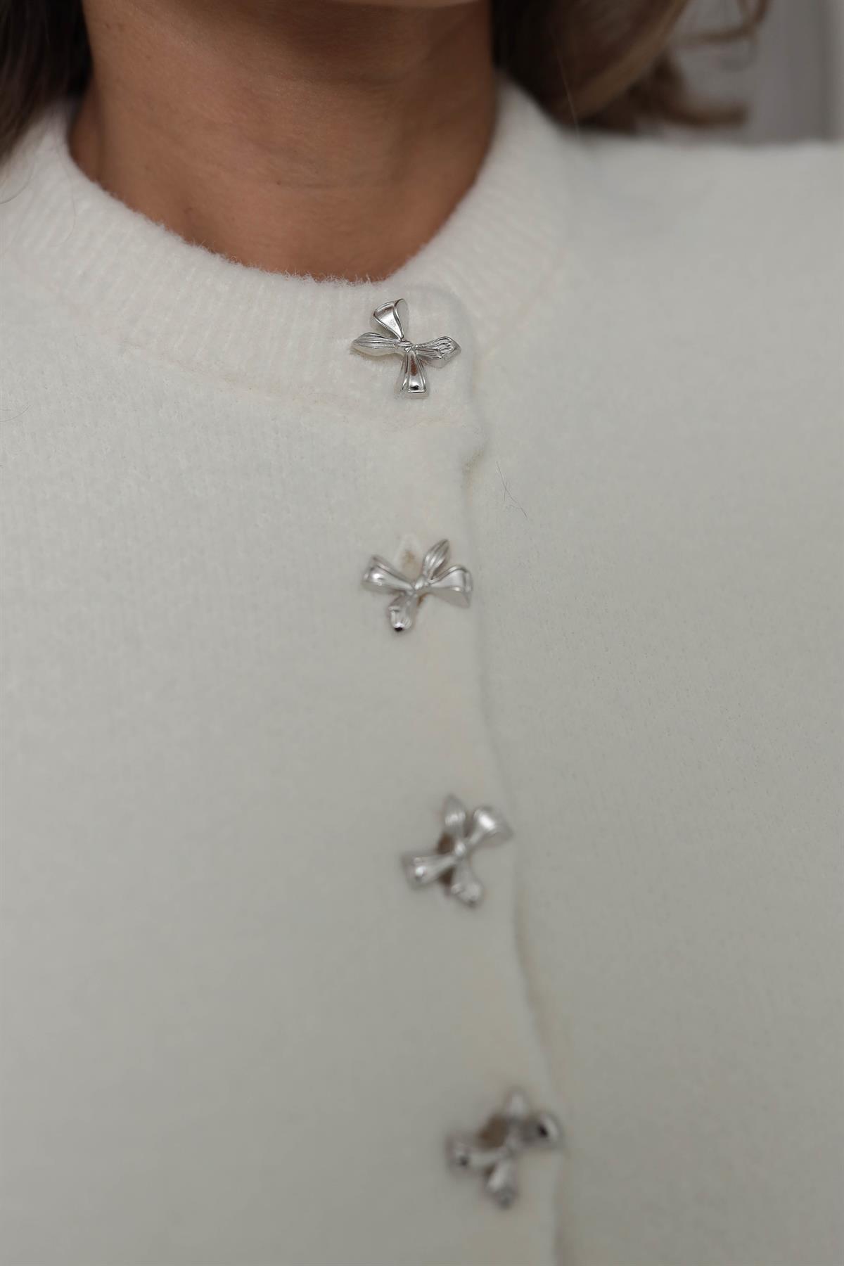 2403 Kurdele Düğmeli Kısa Kol Yumoş Hırka EKRU