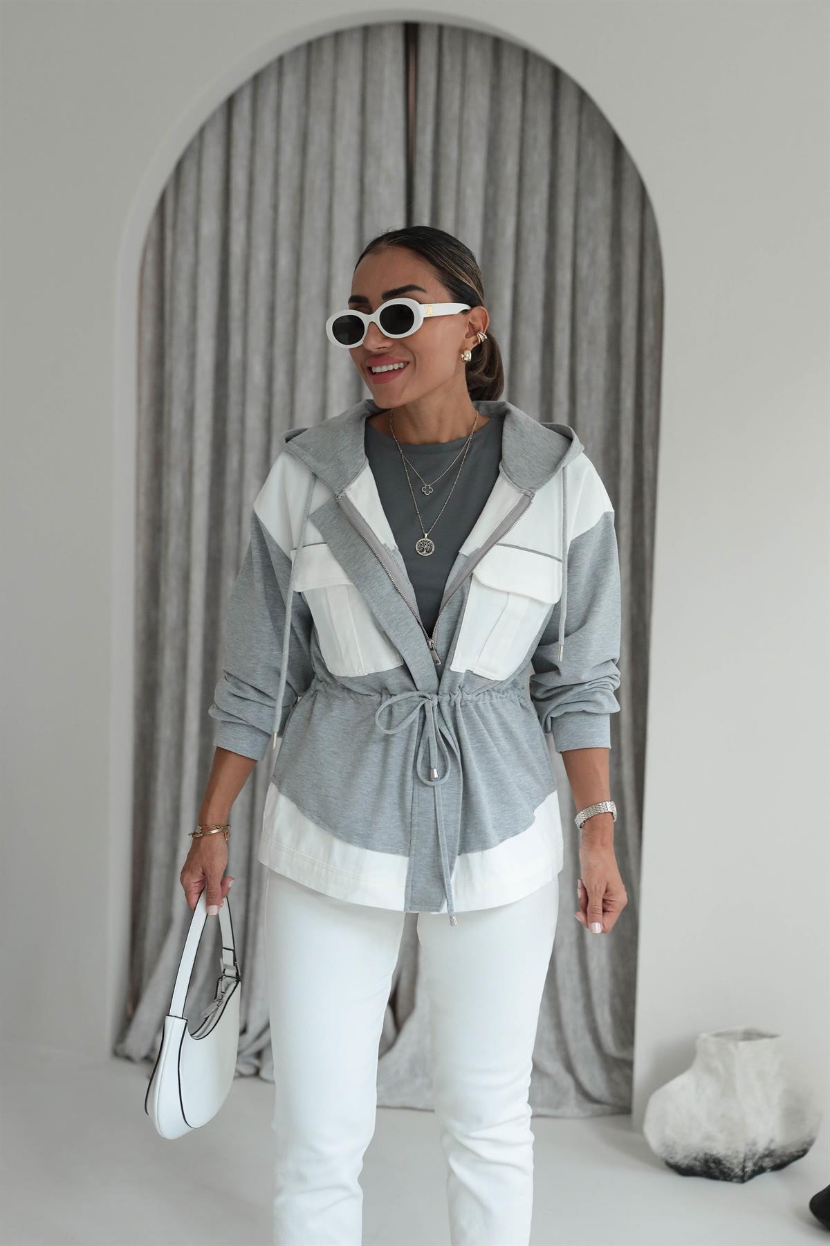 5207 Kumaş Garnili Kapşonlu Fermuarlı Ceket