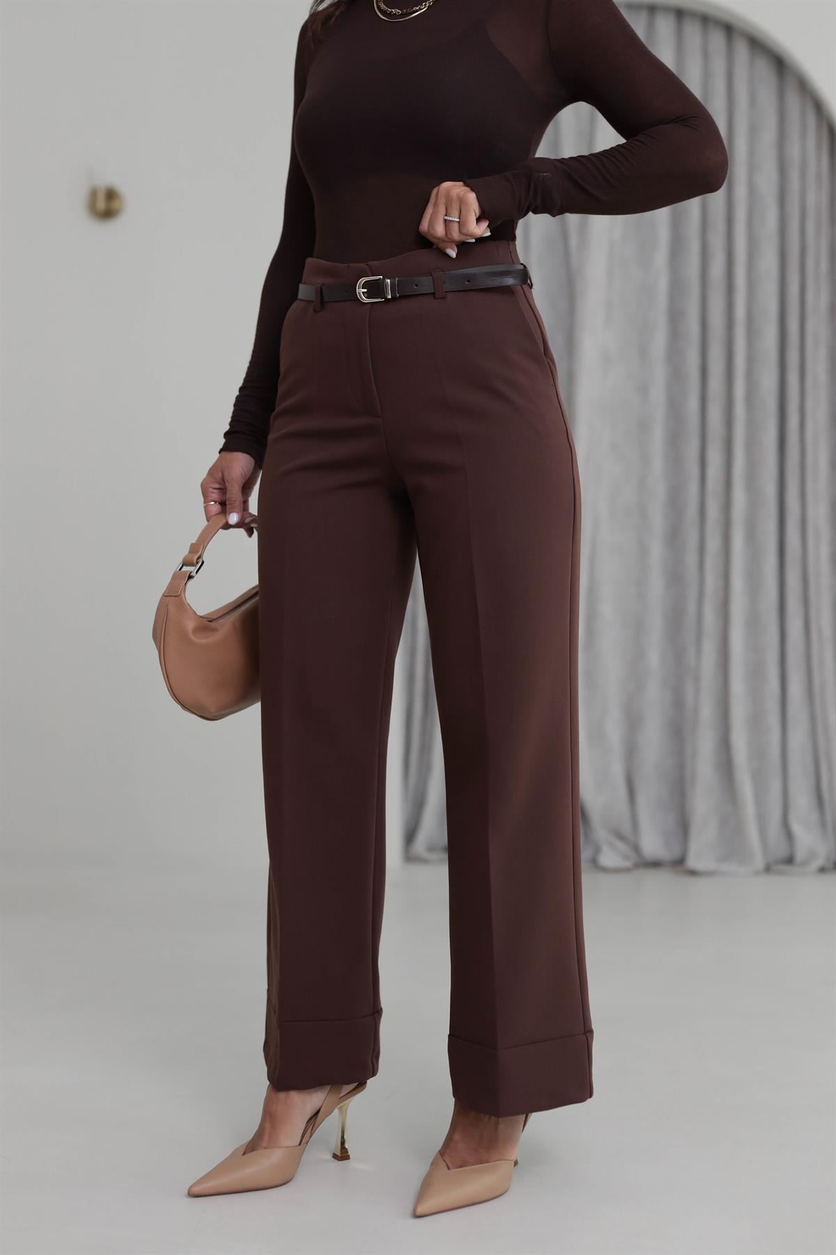 7050 Kemerli Paçası Dikiş Detay Palazzo Pantolon KAHVE