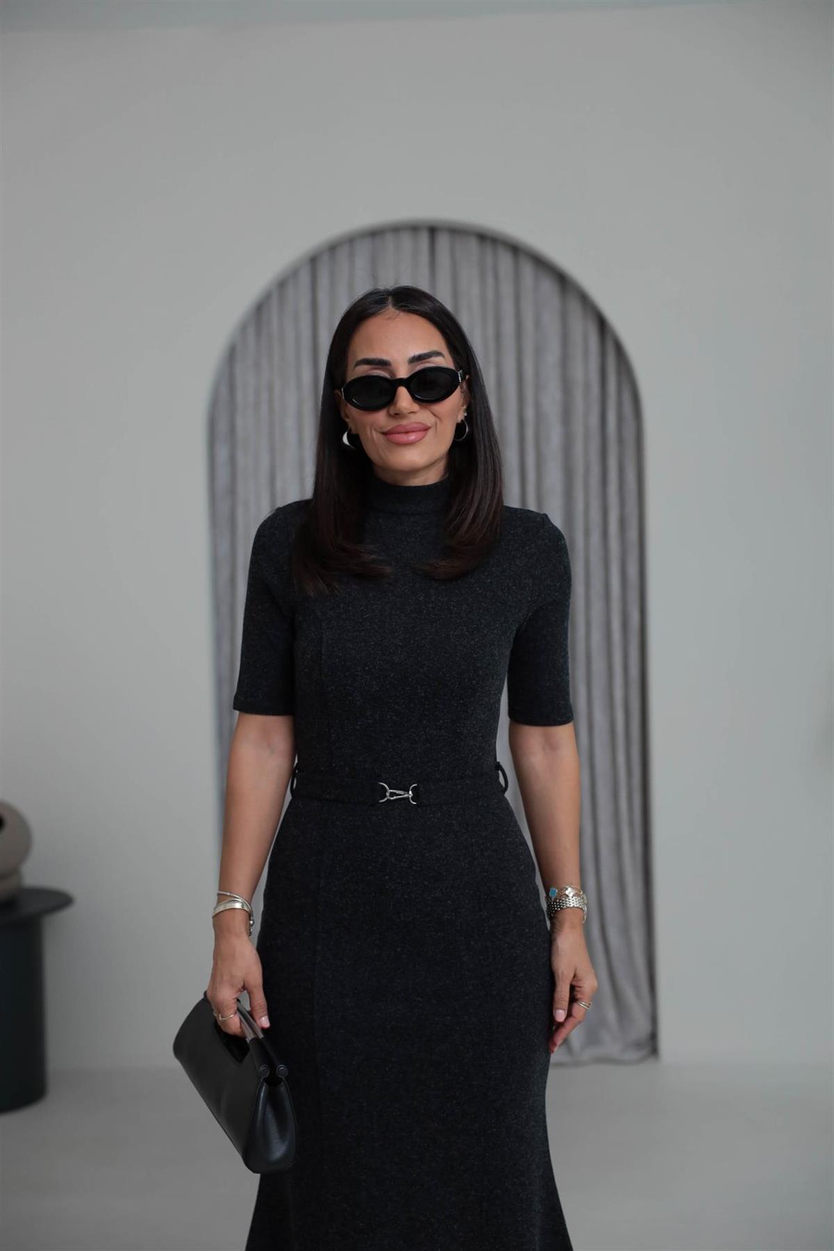 7297 Kemerli Yumuşak Dokulu Elbise ANTRASİT