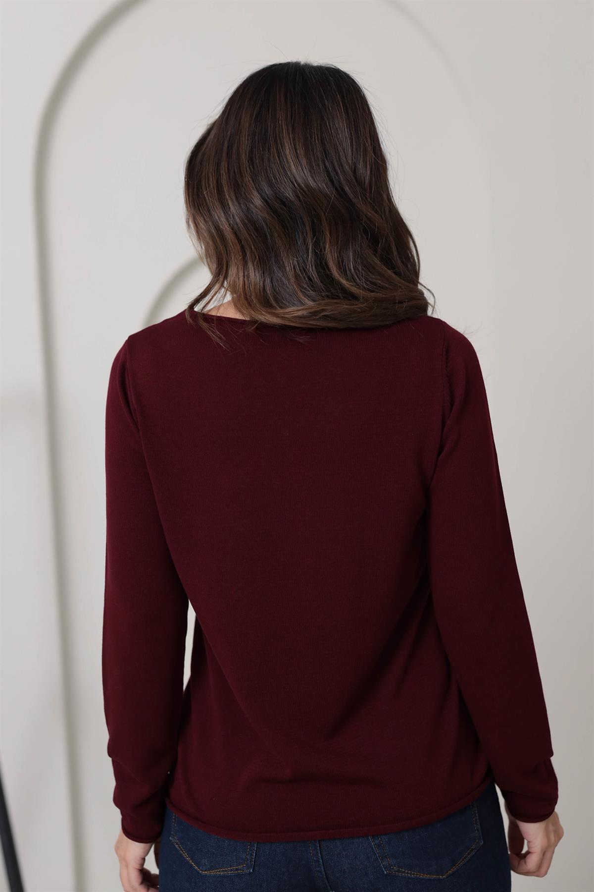 1061 Açık Yaka Uzun Kol İnce Triko BORDO