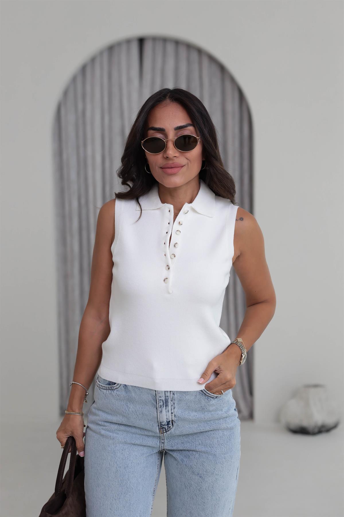 Polo Yaka Yarım Düğmeli Süveter EKRU