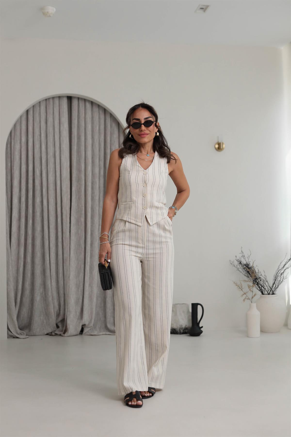 6159 Keten Kumaş Çizgili Yelek Takım NATURAL