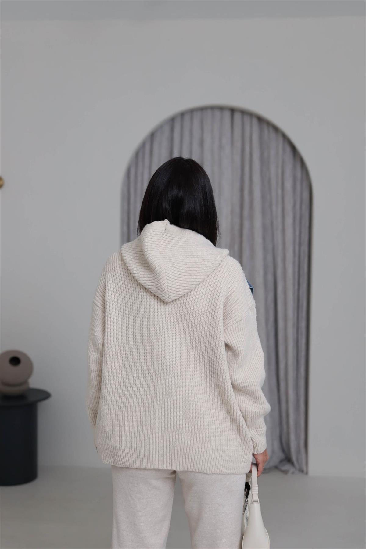 4676 Kot Garnili Kapşonlu Fermuarlı Triko Hırka TAŞ MAVİ