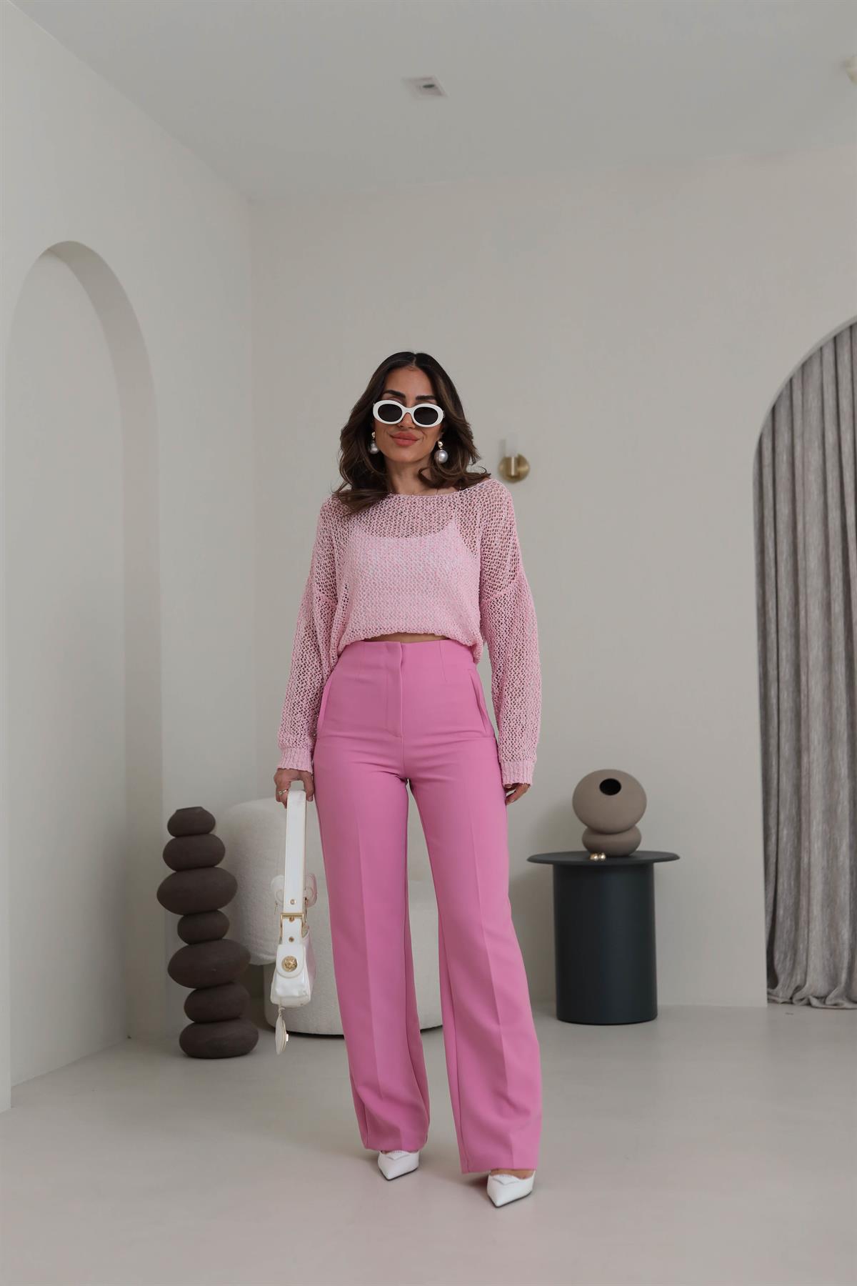 2001 Pensli Yüksek Bel Palazzo Pantolon PEMBE