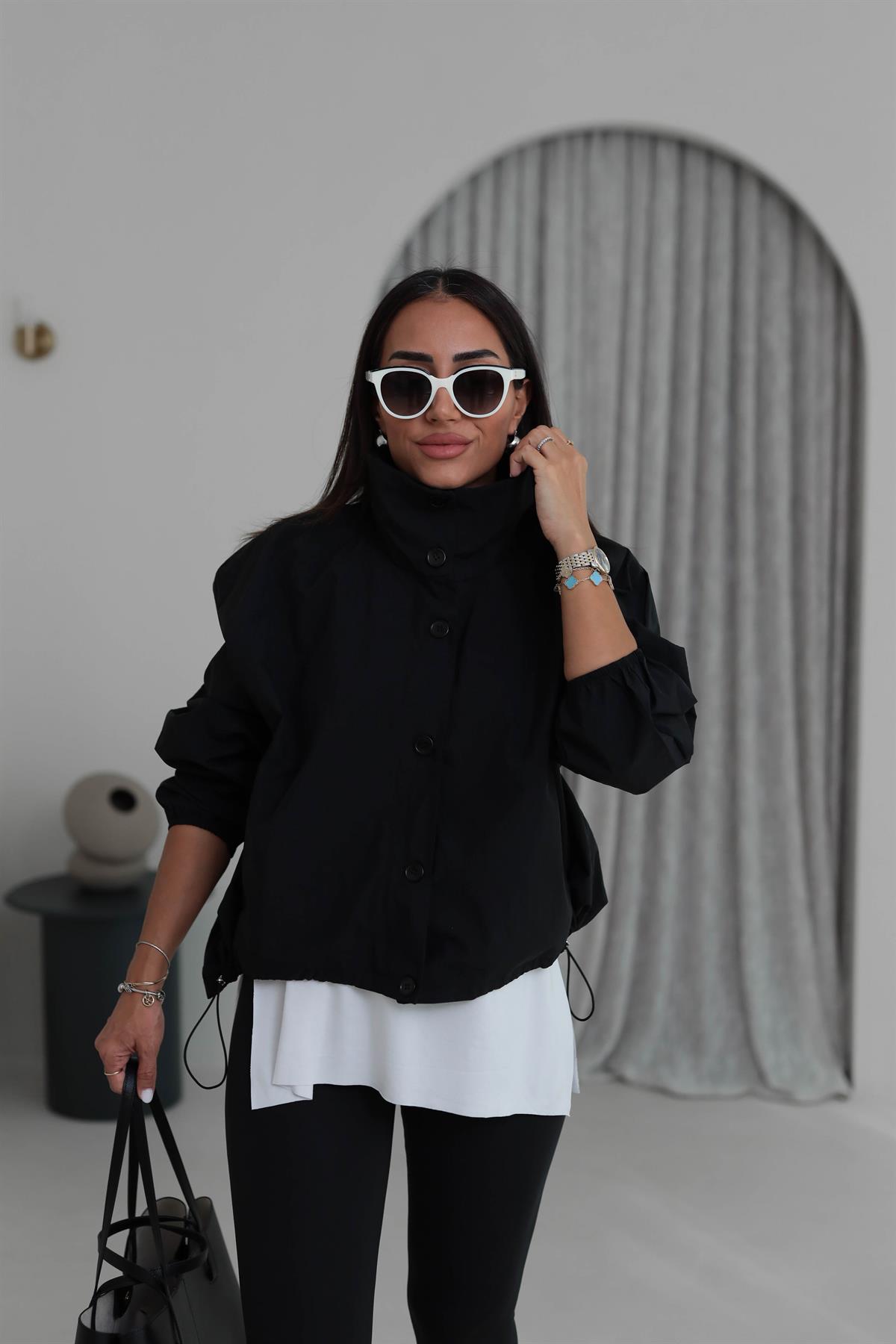 6721 Dik Yaka Düğmeli Fermuarlı Bomber Ceket SİYAH