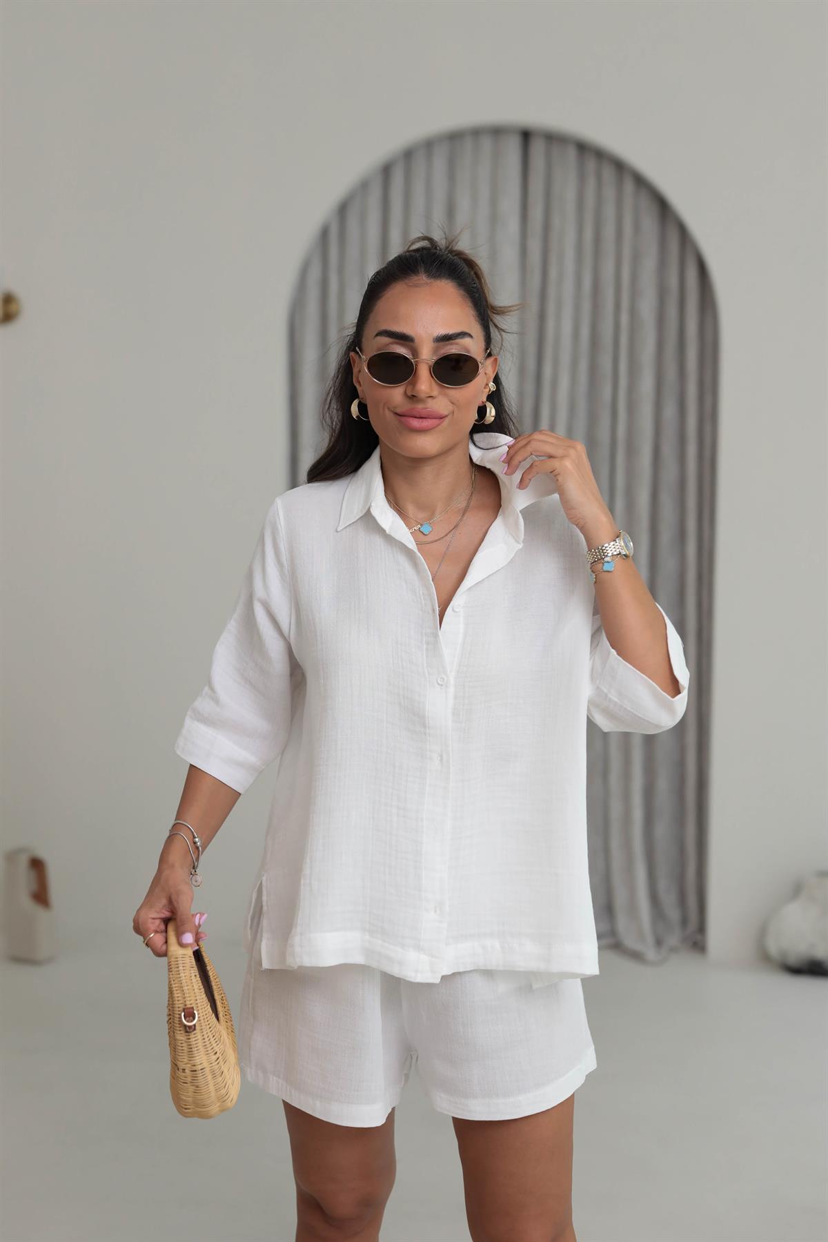 0427 Müslin Kumaş Gömlek Şort Takım BEYAZ