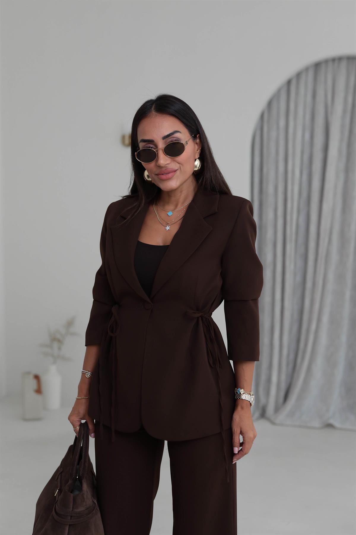 9241 Bağlamalı Oversize Ceketli Takım KAHVE