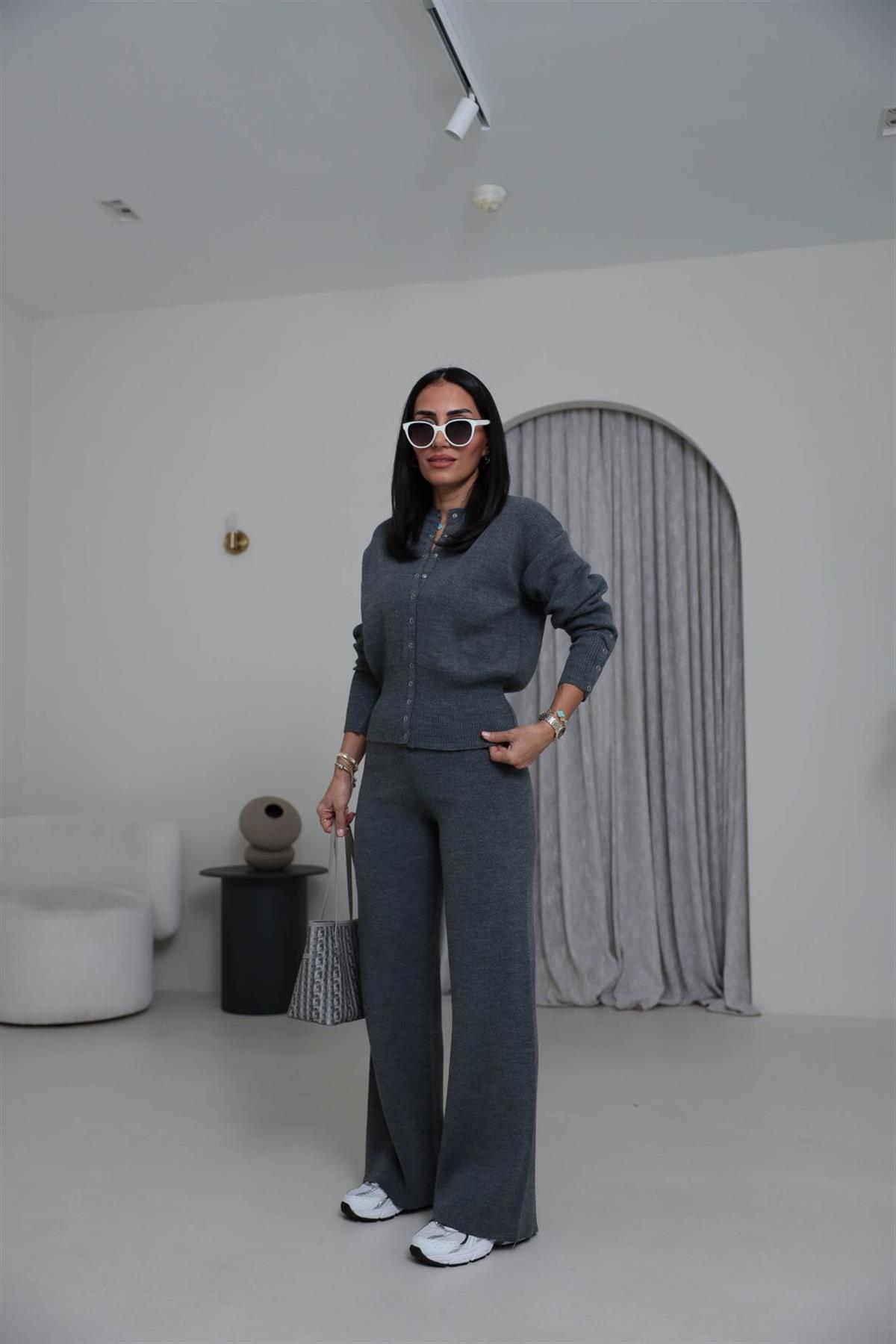 0129 Bisiklet Yaka Çıtçıt Detaylı Triko Takım KOYU GRİ