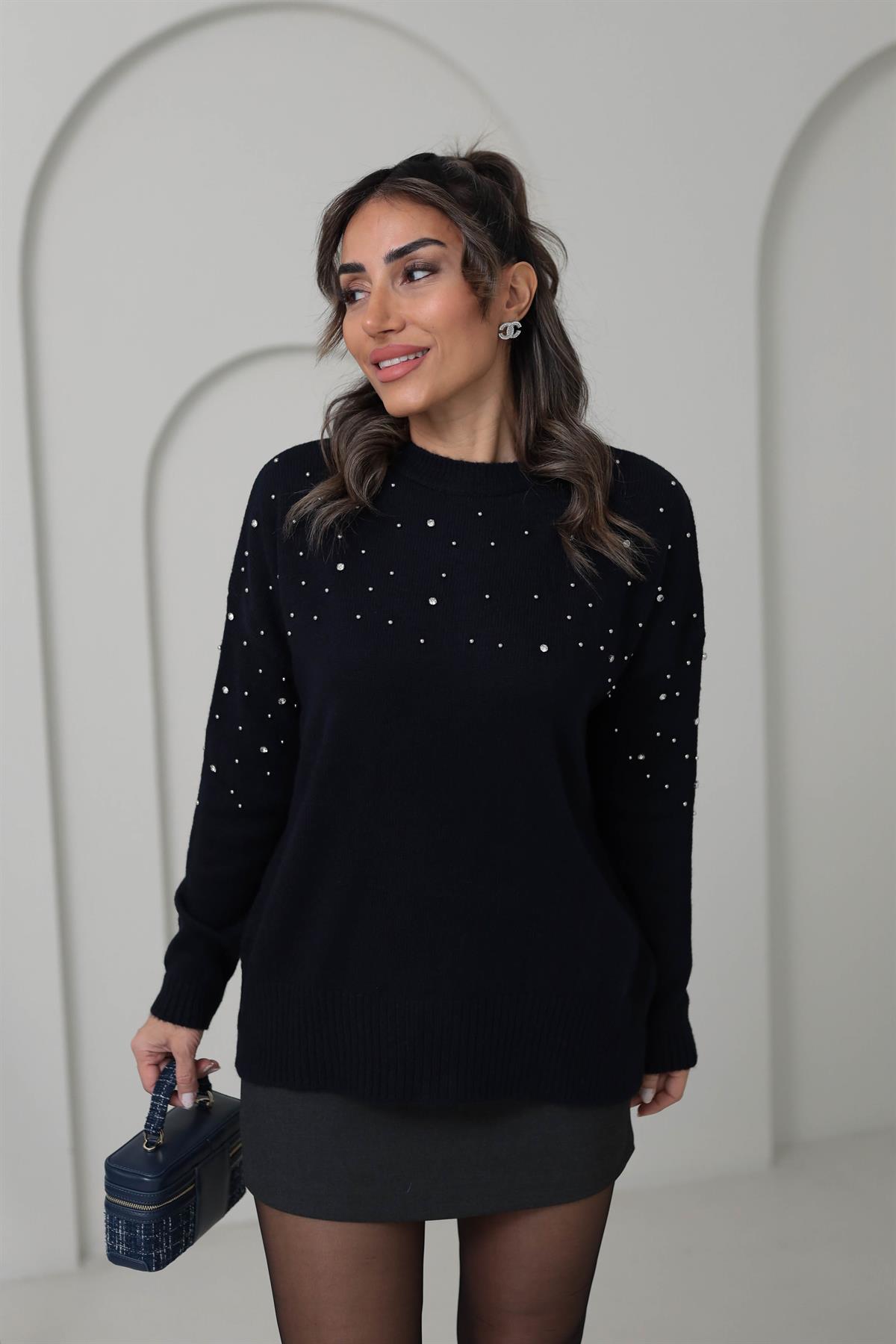 4243 Boncuk Ve Taş Detaylı Triko Kazak LACİVERT