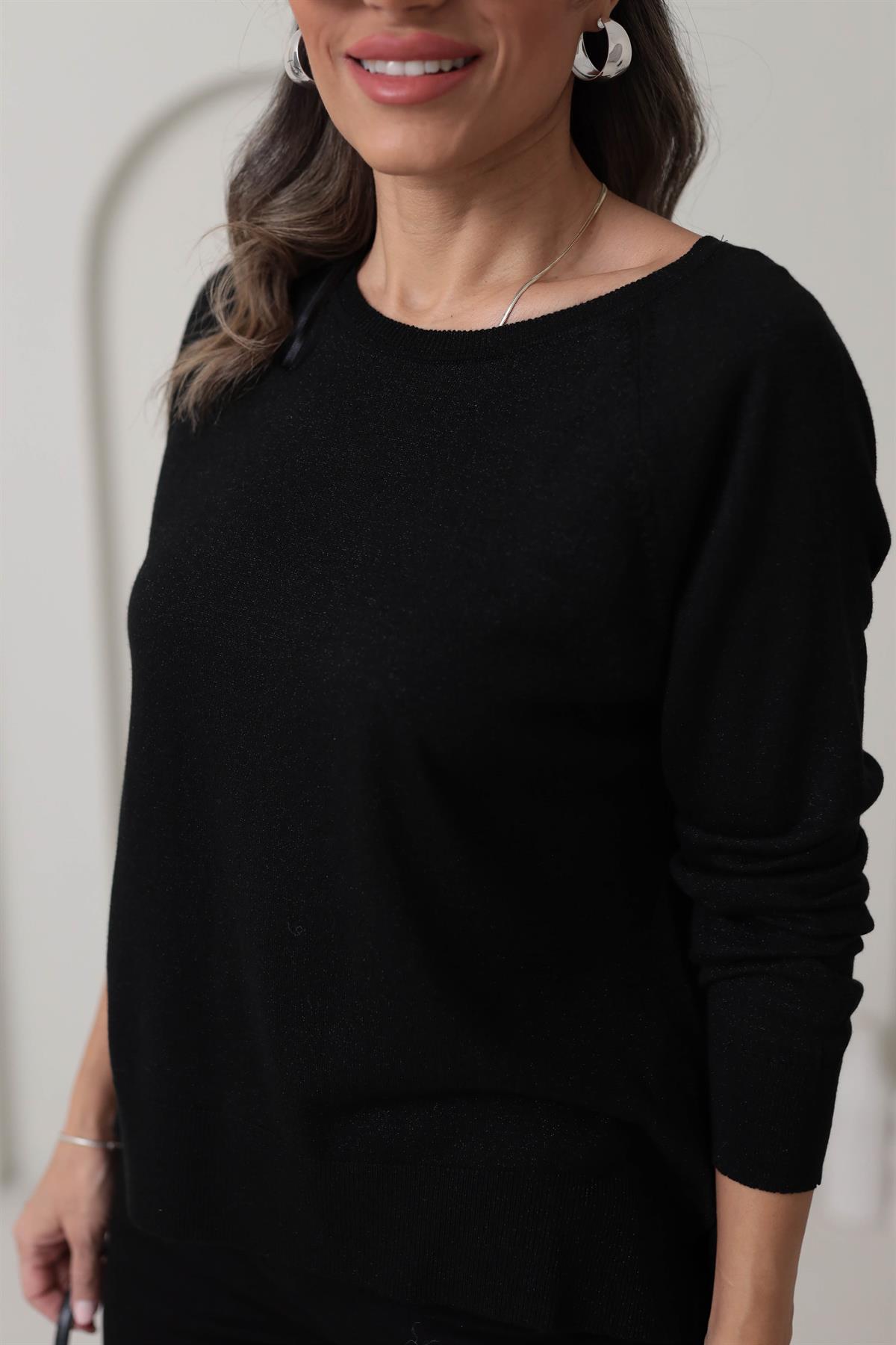 0557 Bisiklet Yaka Simli Basic İnce Triko SİYAH