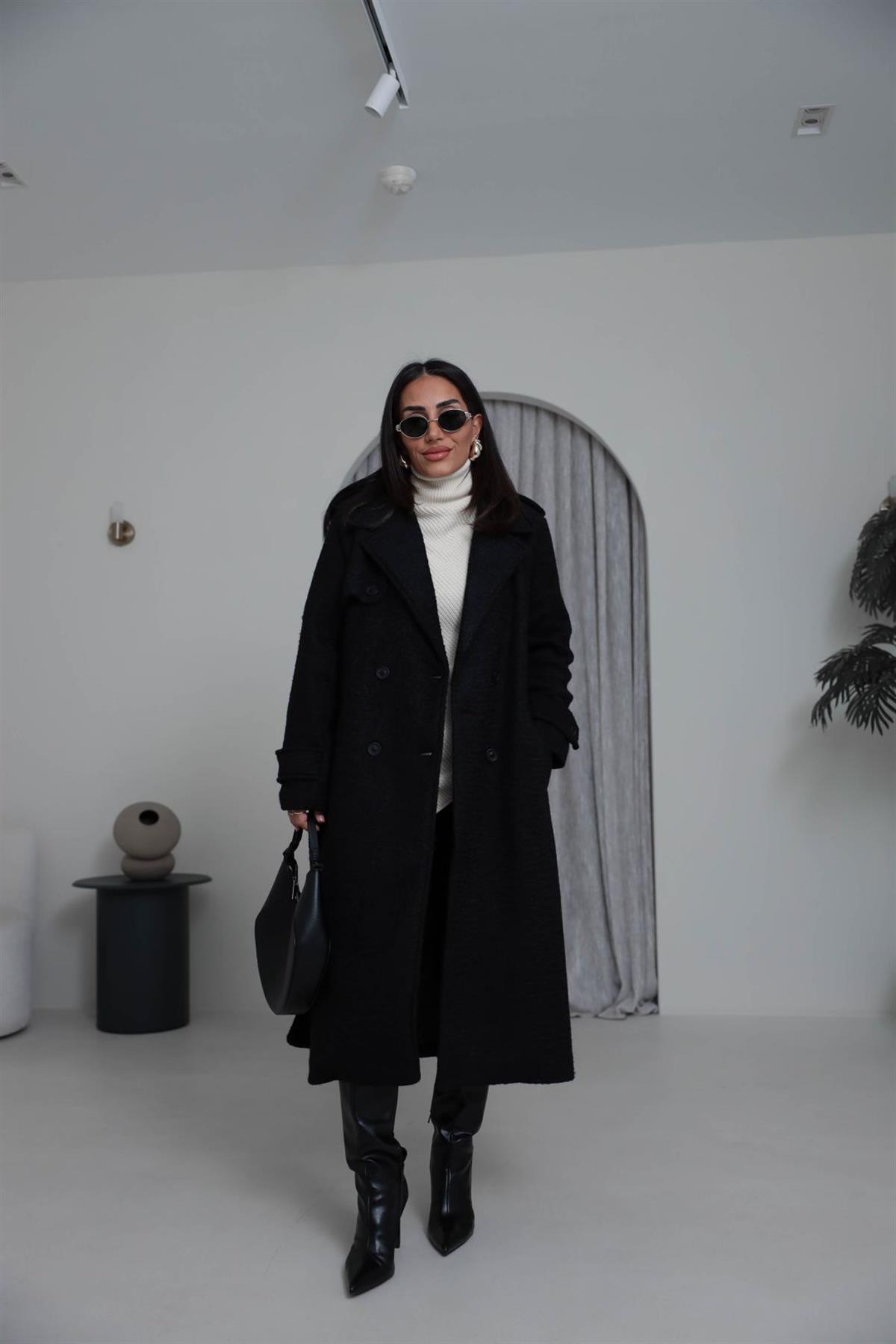 0611 Kuşaklı Apoletli Kaşe Kaban SİYAH