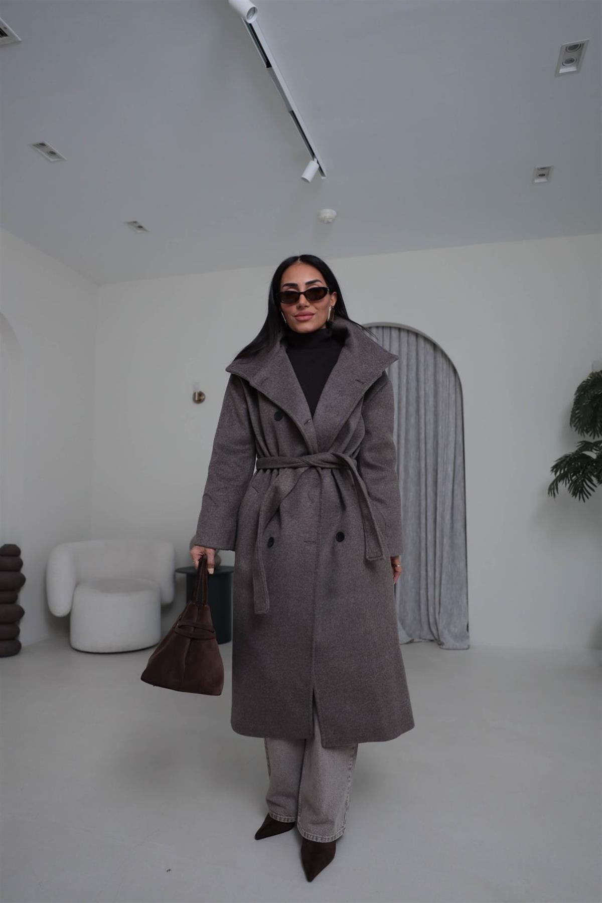 0051 Dik Yaka Yünlü Kaşe Kaban KOYU KAHVE