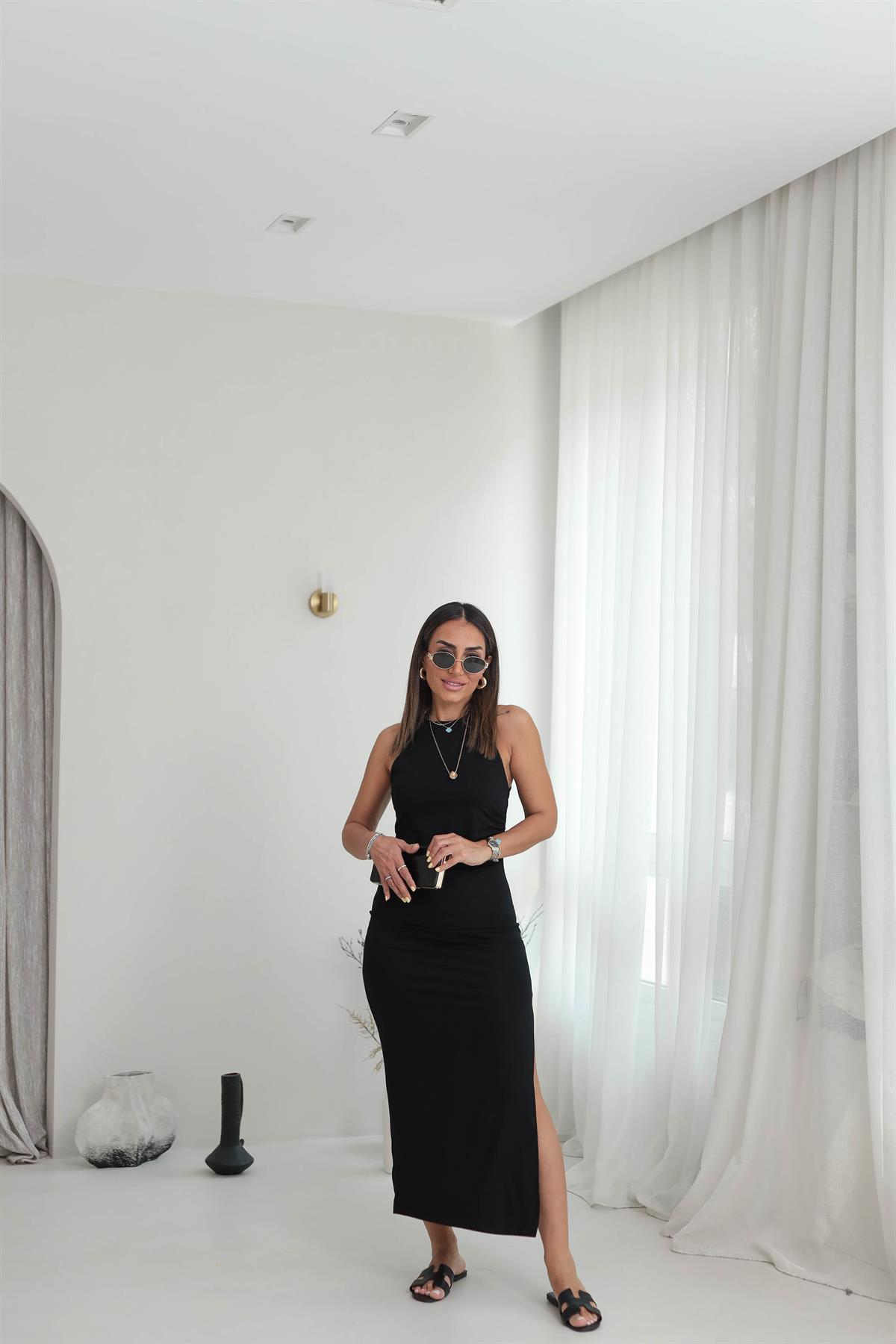 1458 Büzgülü Kolsuz Midi Elbise SİYAH