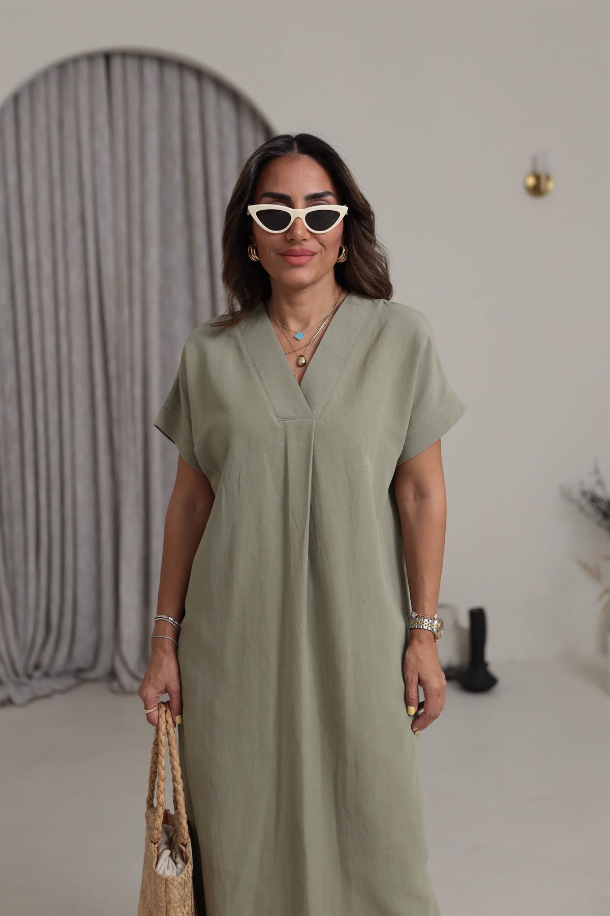 5998 V Yaka Rahat Terni Elbise HAKİ YEŞİL