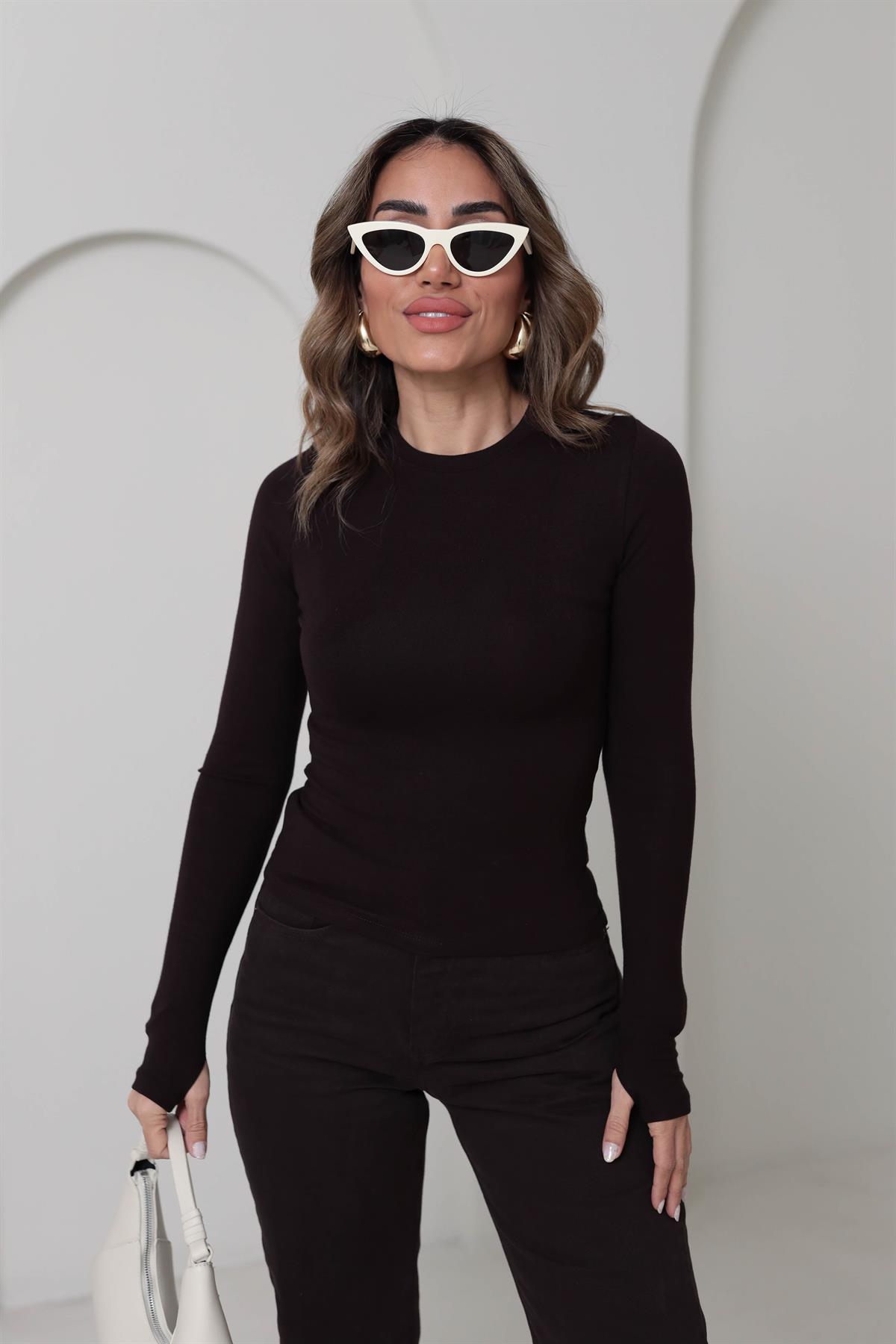 5068 Yumuşak Doku Parmak Geçmeli Bluz ACI KAHVE