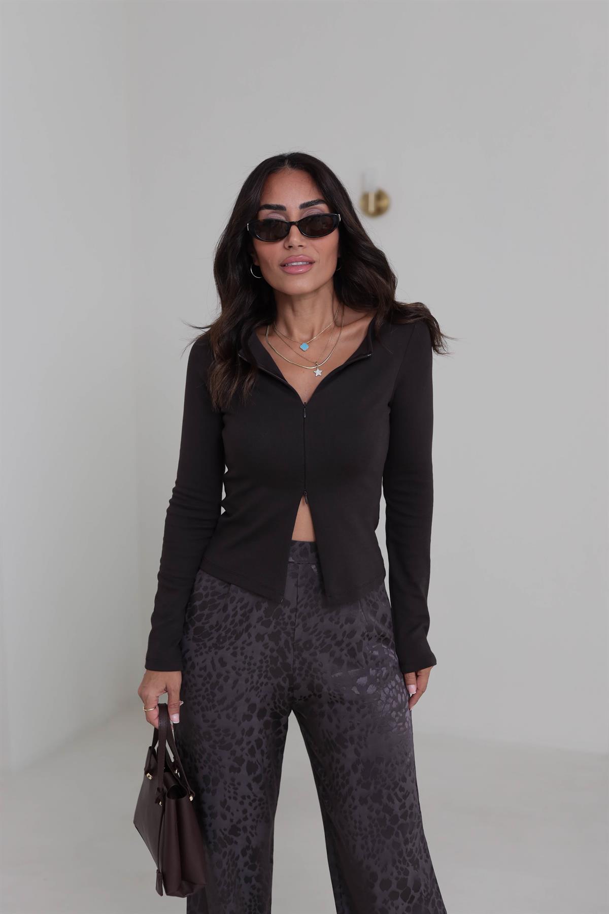 1993 Fermuar Detaylı Uzun Kollu Bluz ACI KAHVE