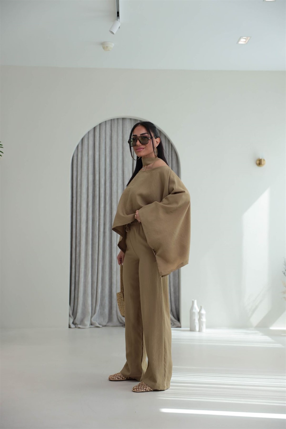 Fular Detaylı Pelerin Bluz Pantolon Takım OLİVE