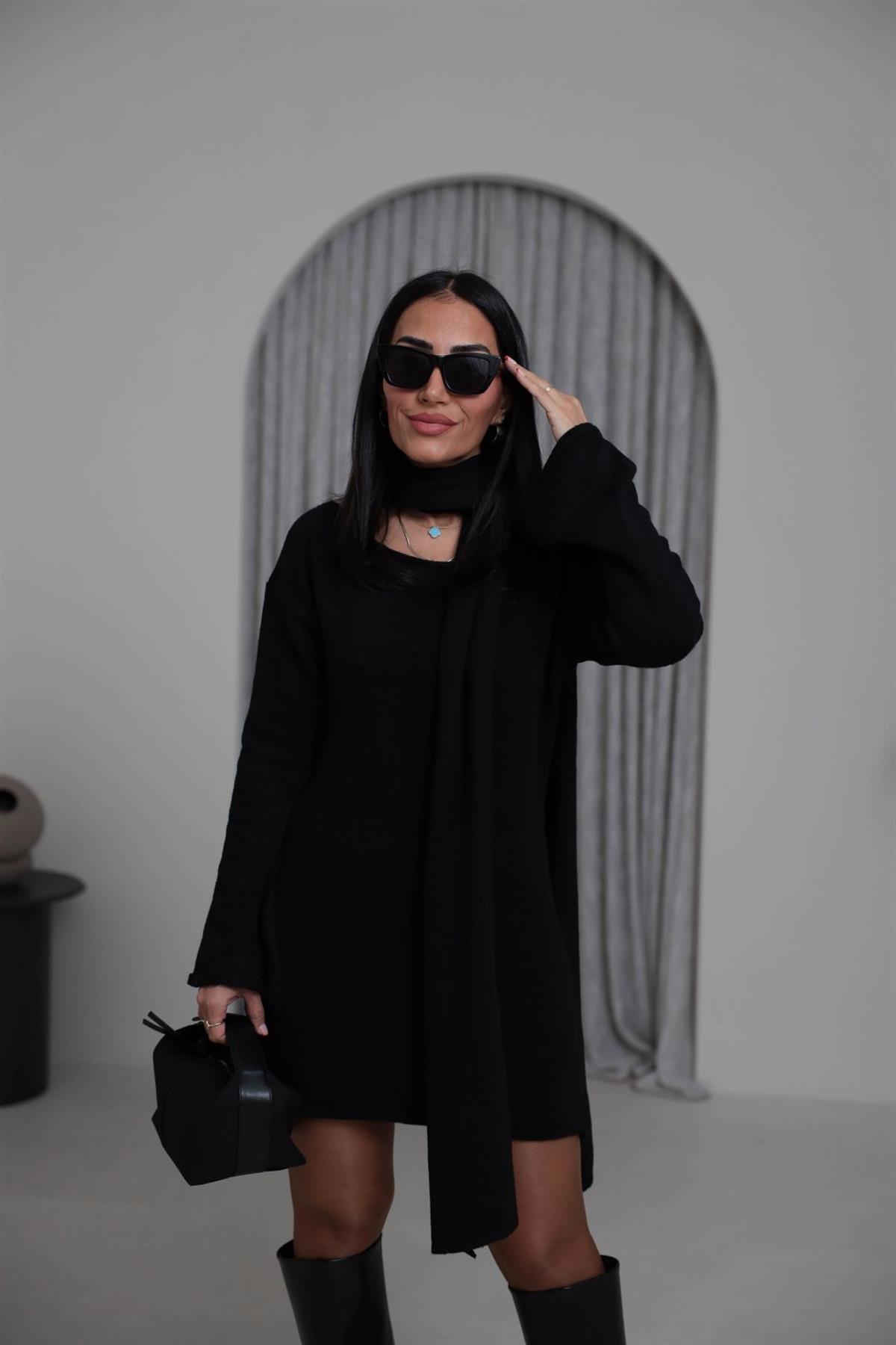 5251 Kayık Yaka Şallı Tunik SİYAH