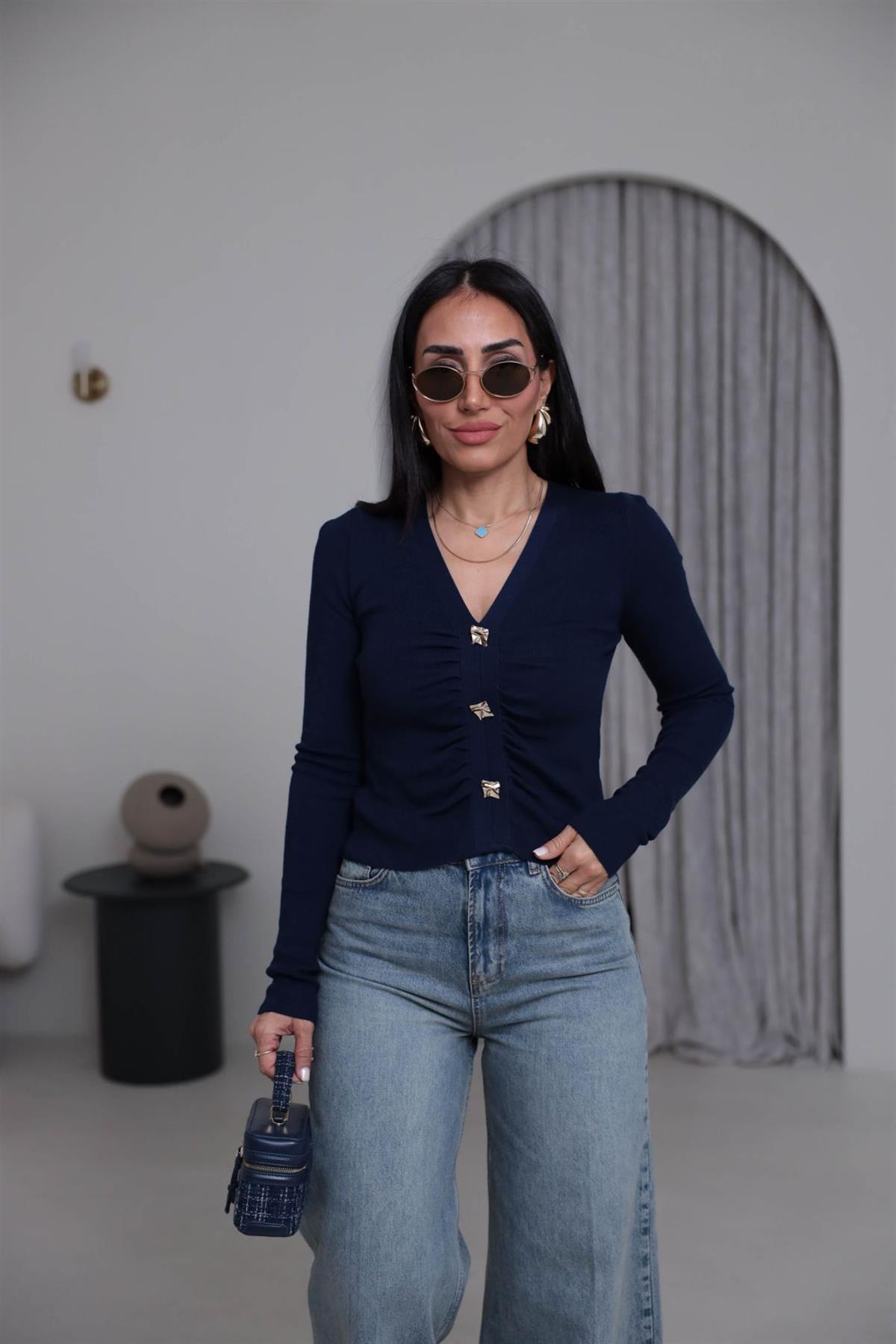 0805 Önü Büzgülü Düğme Detaylı Korsman Triko LACİVERT