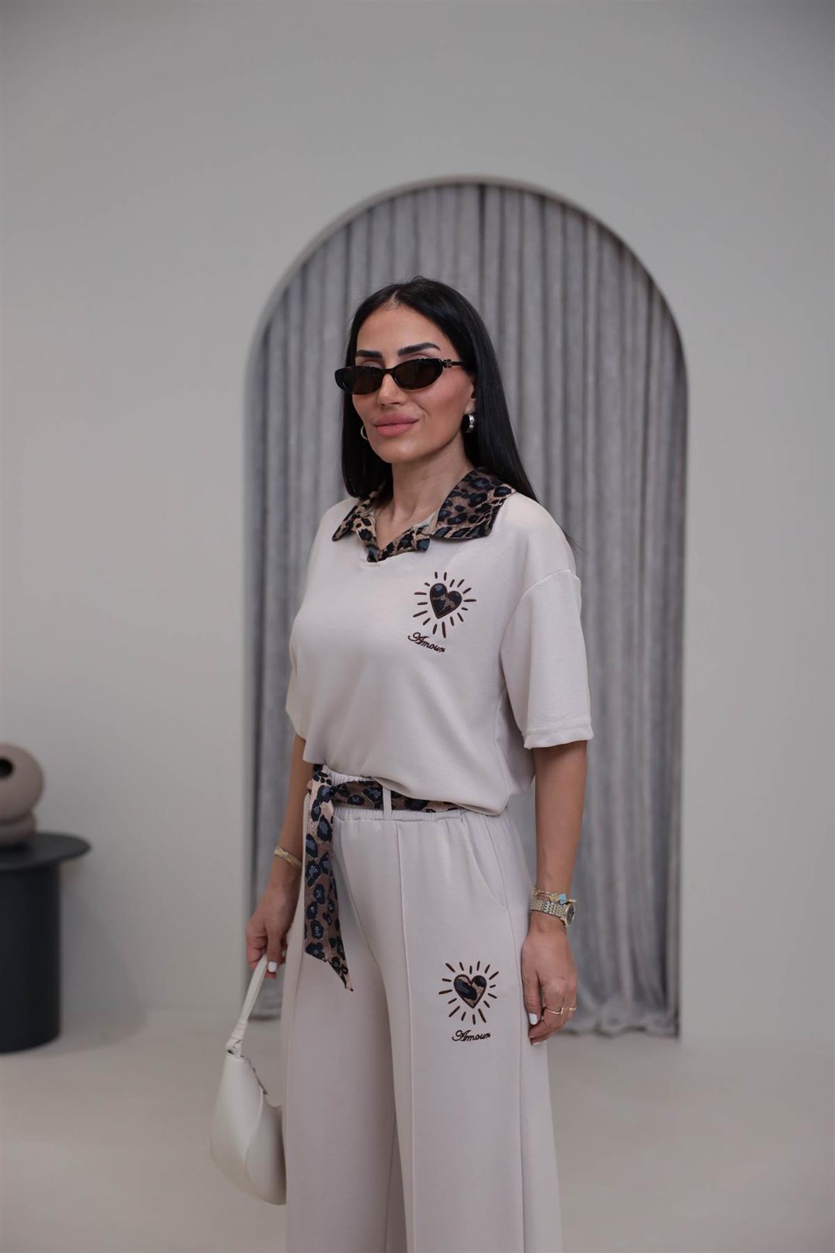 7539 Leopar Saten Yakalı Nakışlı Modal Takım TAŞ