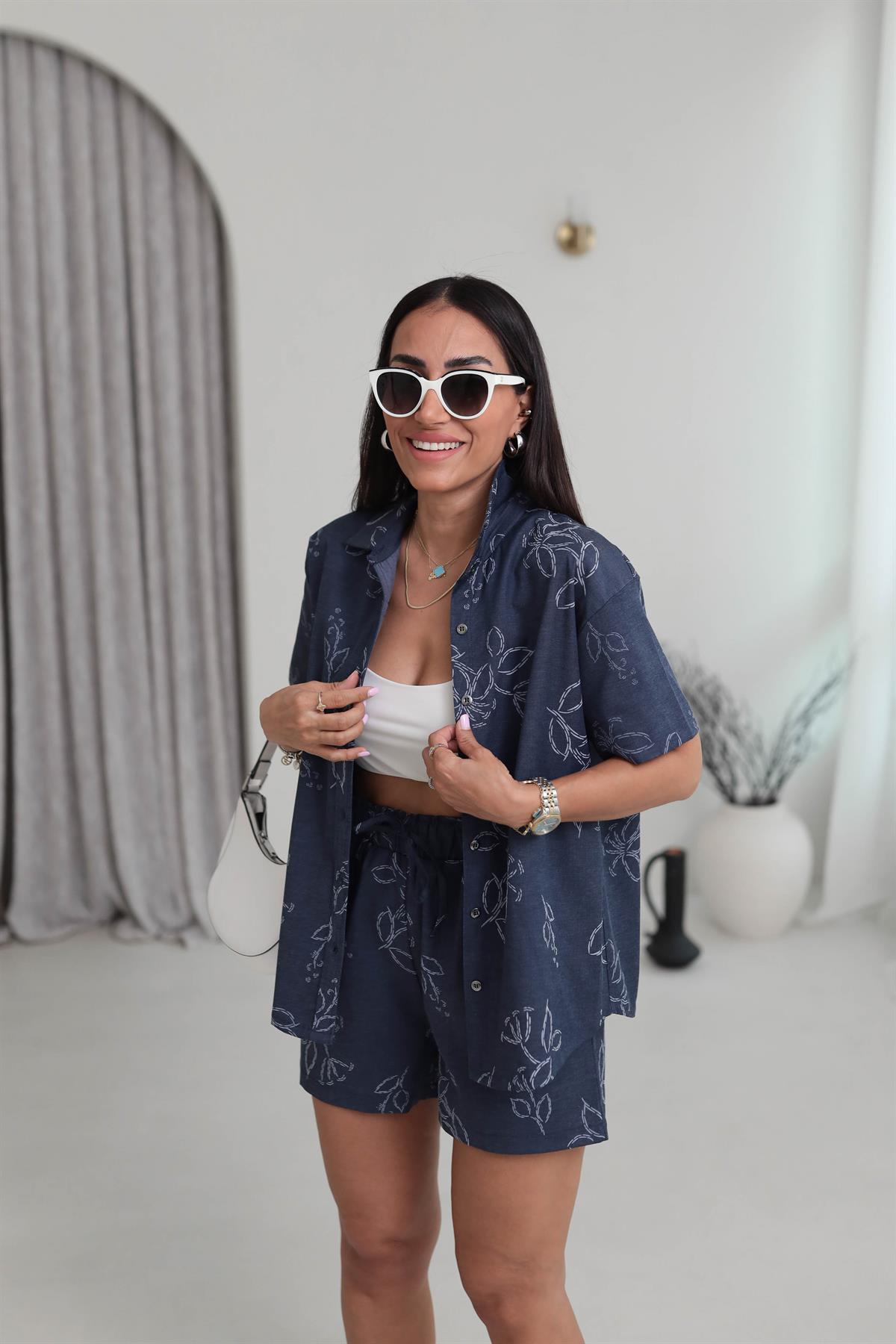 8758 Desenli Oversize Gömlek & Şort Takım LACİVERT