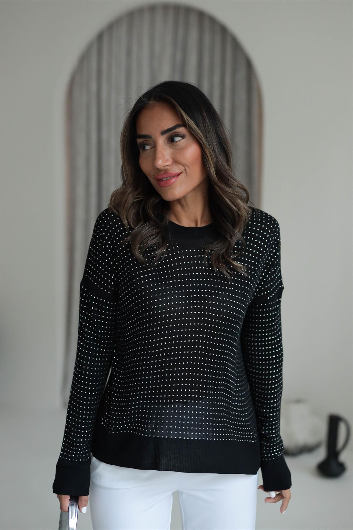 7010 Taşlı Merserize Triko Bluz SİYAH