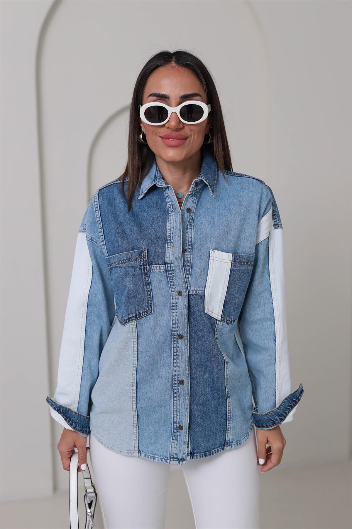 2162 Parçalı Denim Gömlek MAVİ