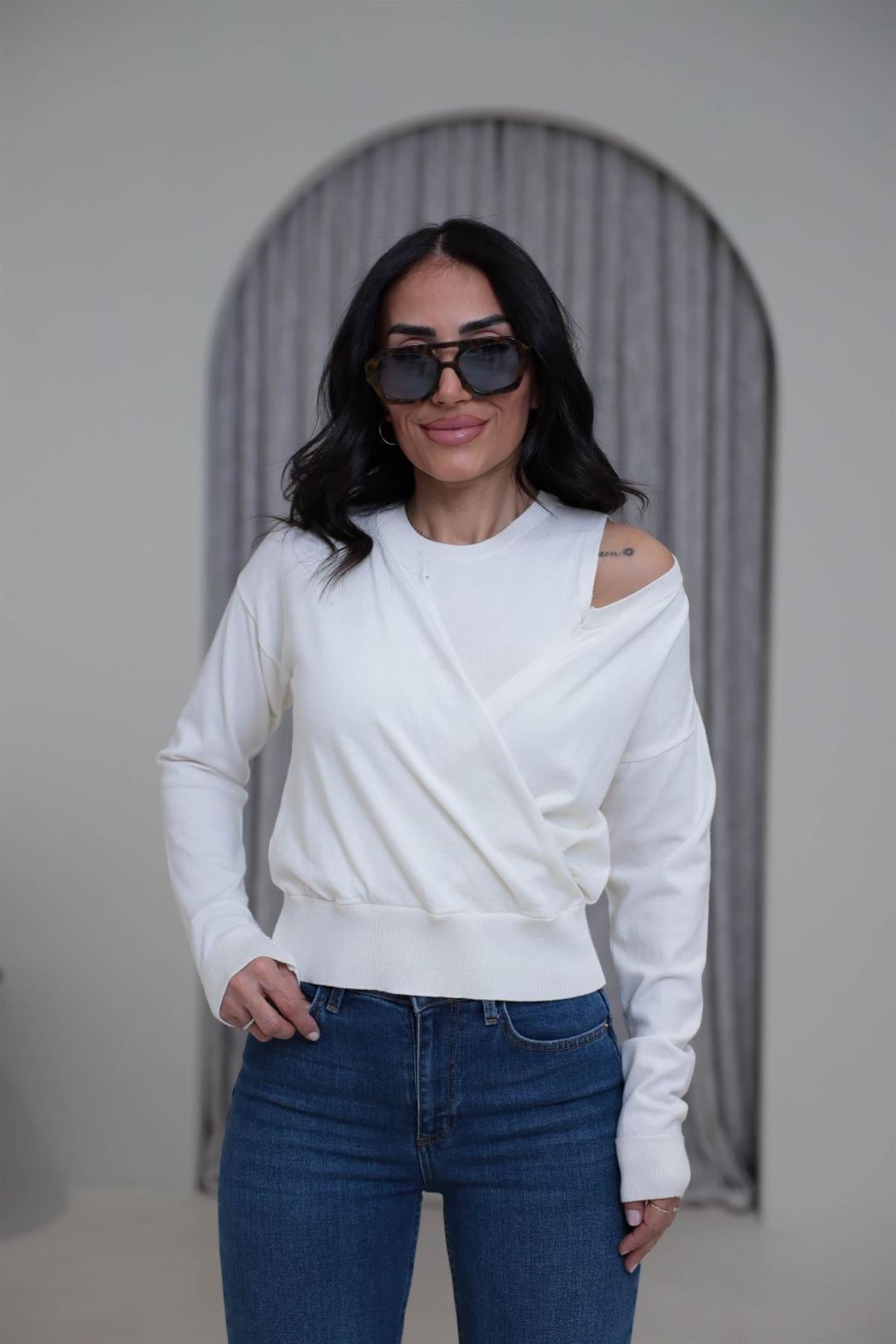 0163 Kruvaze Korsman İkili Takım Triko EKRU