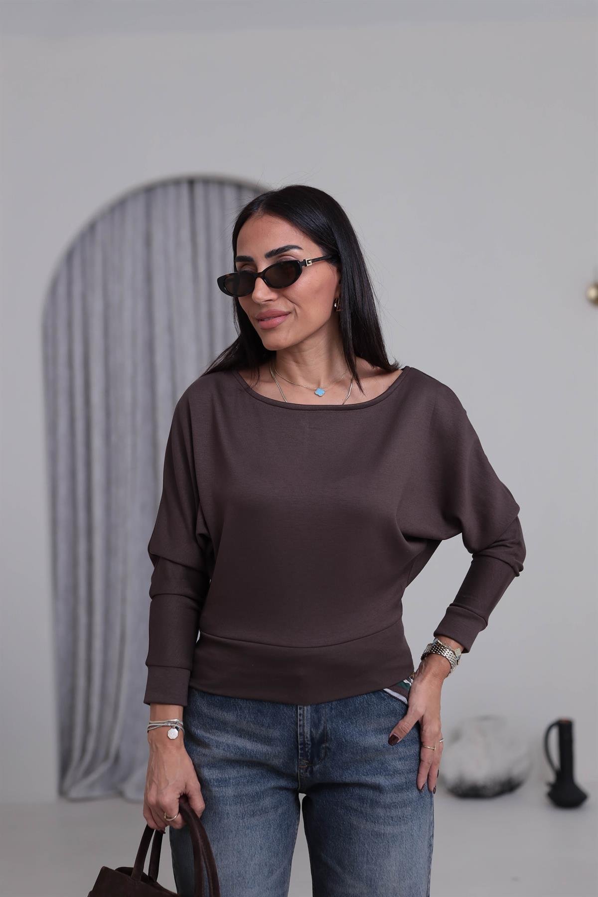 2450 Düşük Omuzlu Modal Kumaş Bluz ACI KAHVE