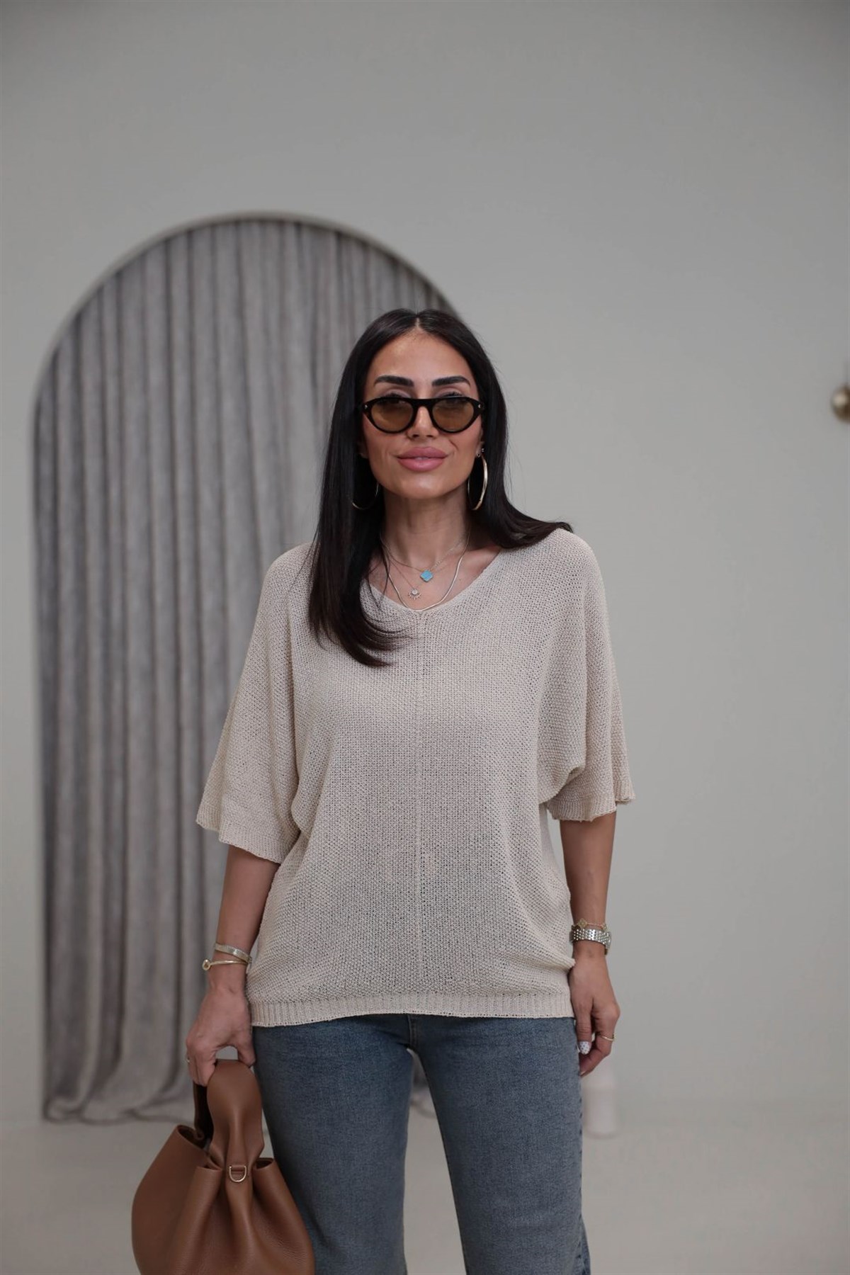 0174 Ajurlu Yarasa Kol Bluz BEJ