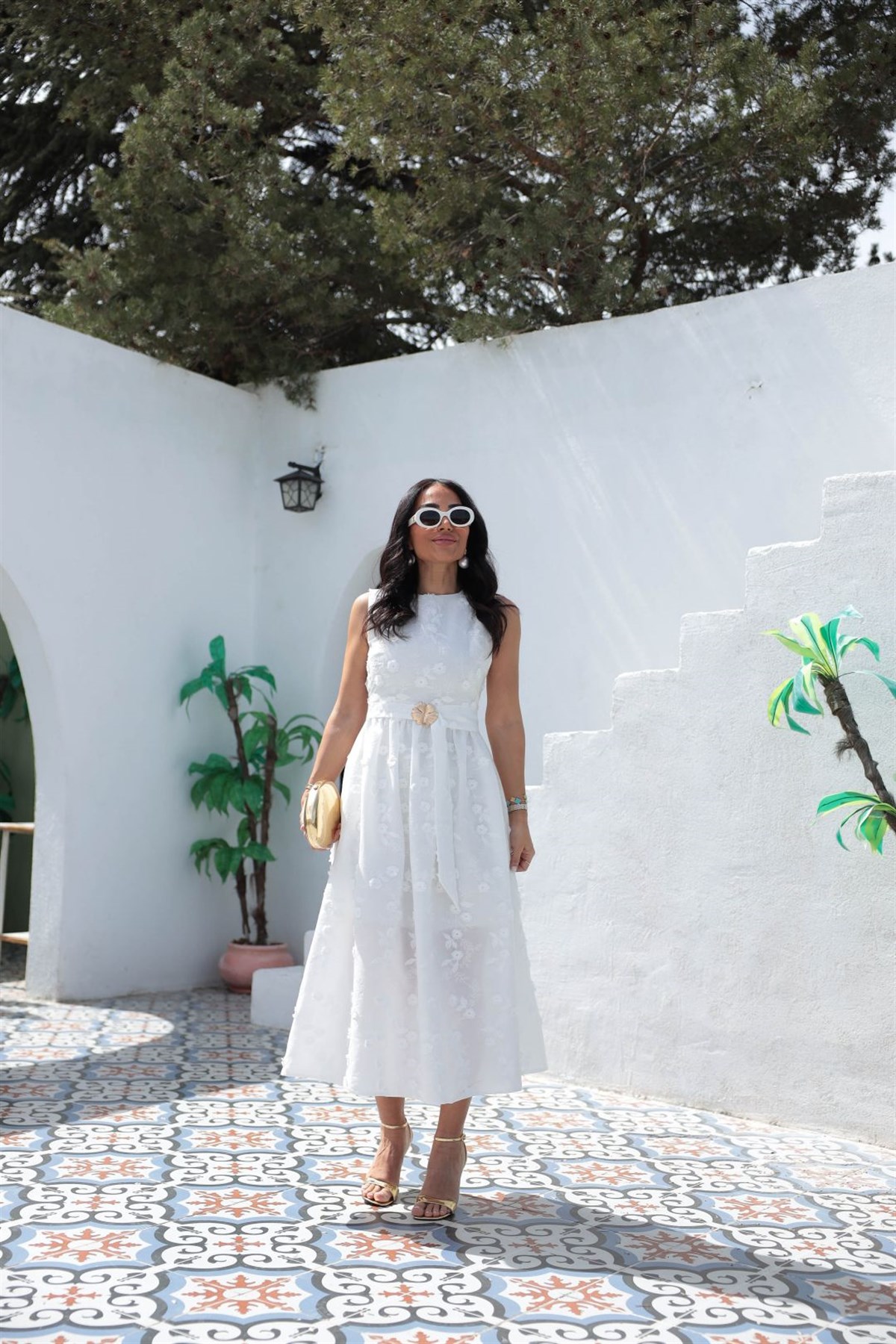 9596 İşleme Detaylı Kemerli Elbise BEYAZ