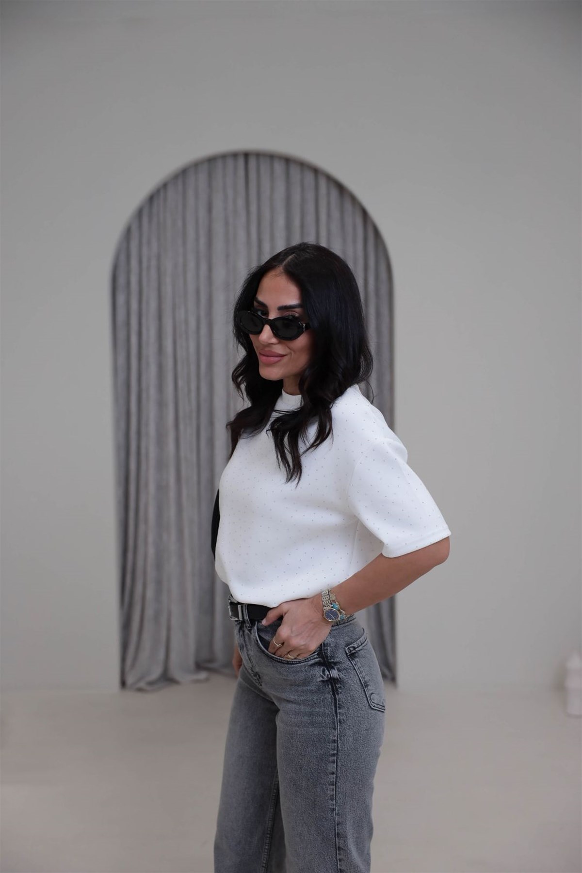 4236 Bisiklet Yaka Taşlı Tshirt EKRU