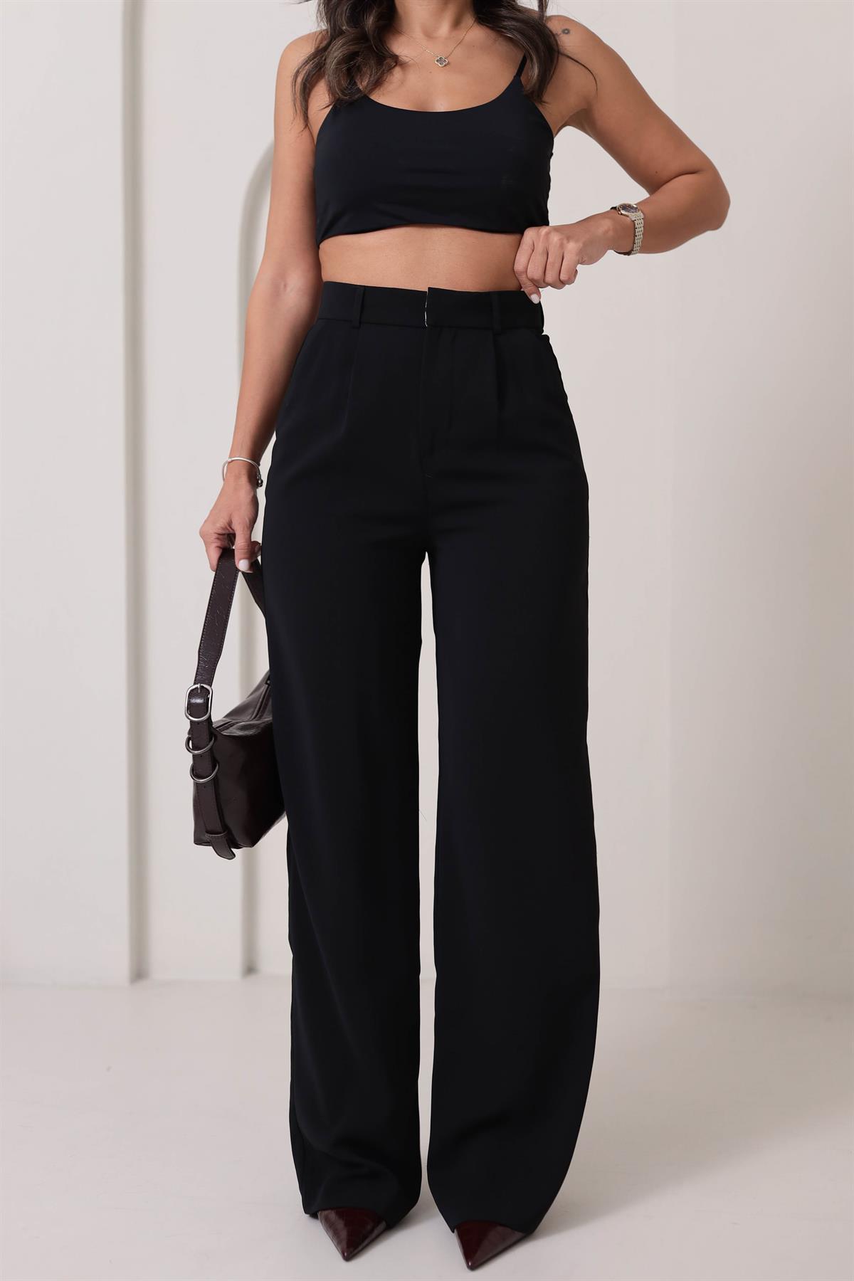 3317 Geniş Paça Detaylı Pantolon SİYAH