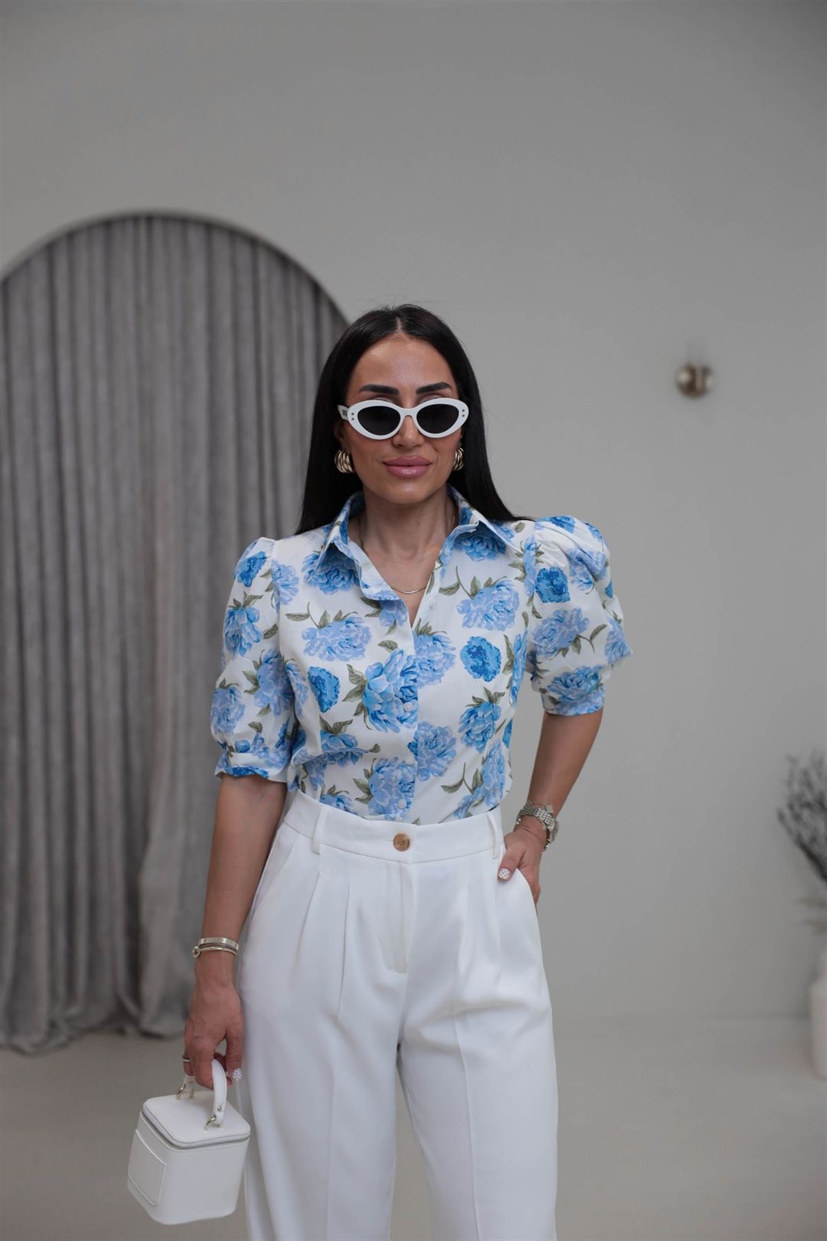 3294 Çiçek Desenli Kısa Kol Gömlek MAVİ