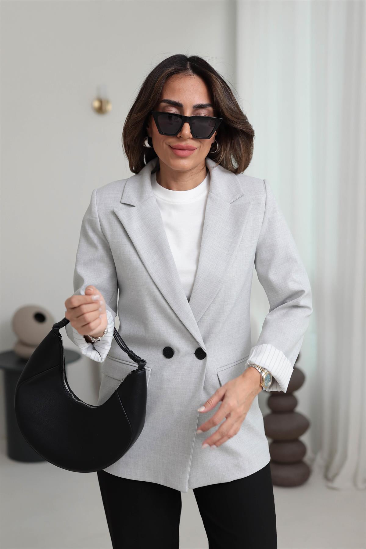8644 Kol Katlamalı Çizgili Astarlı Premium Blazer Ceket AÇIK GRİ