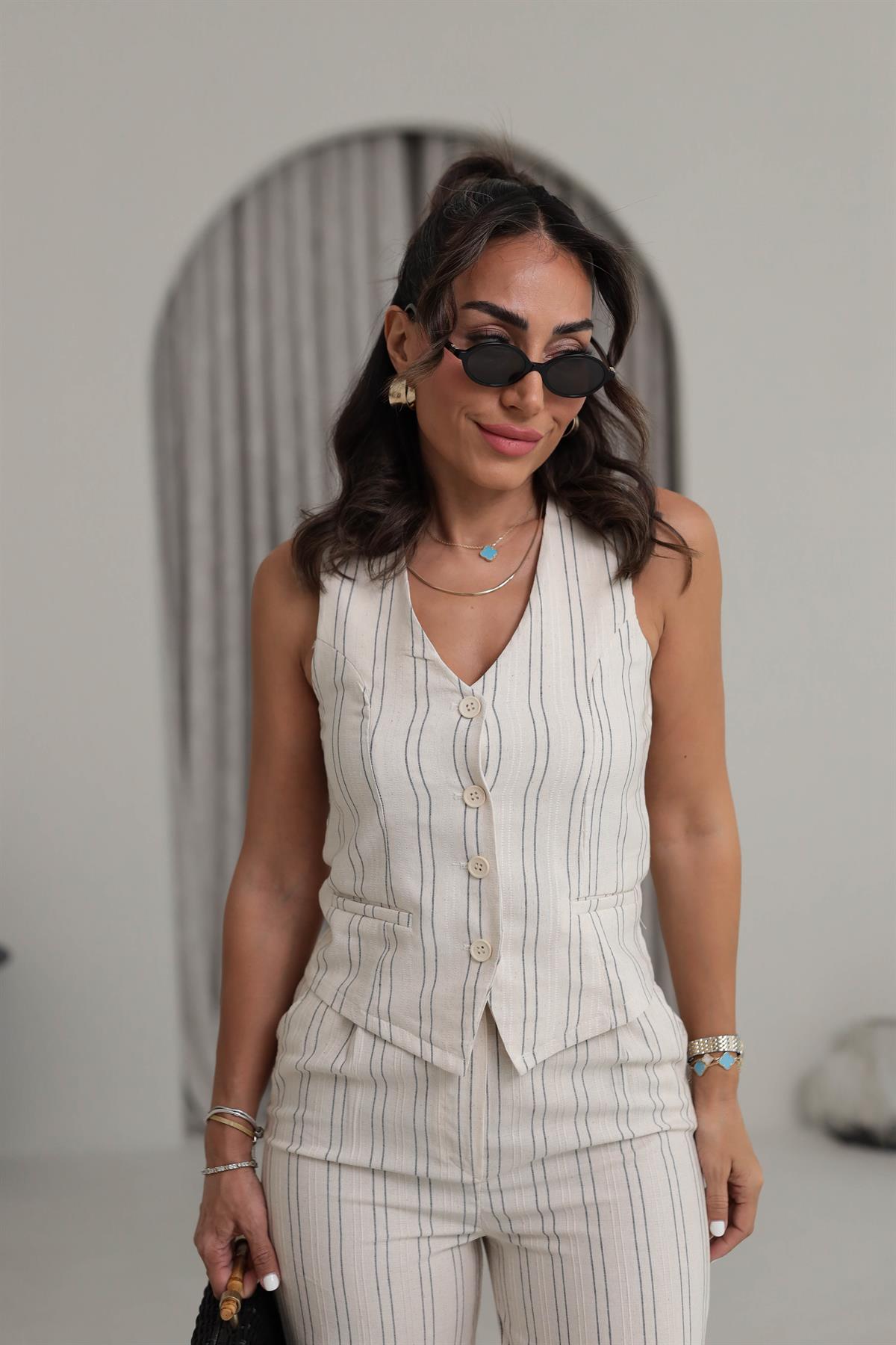 6159 Keten Kumaş Çizgili Yelek Takım NATURAL