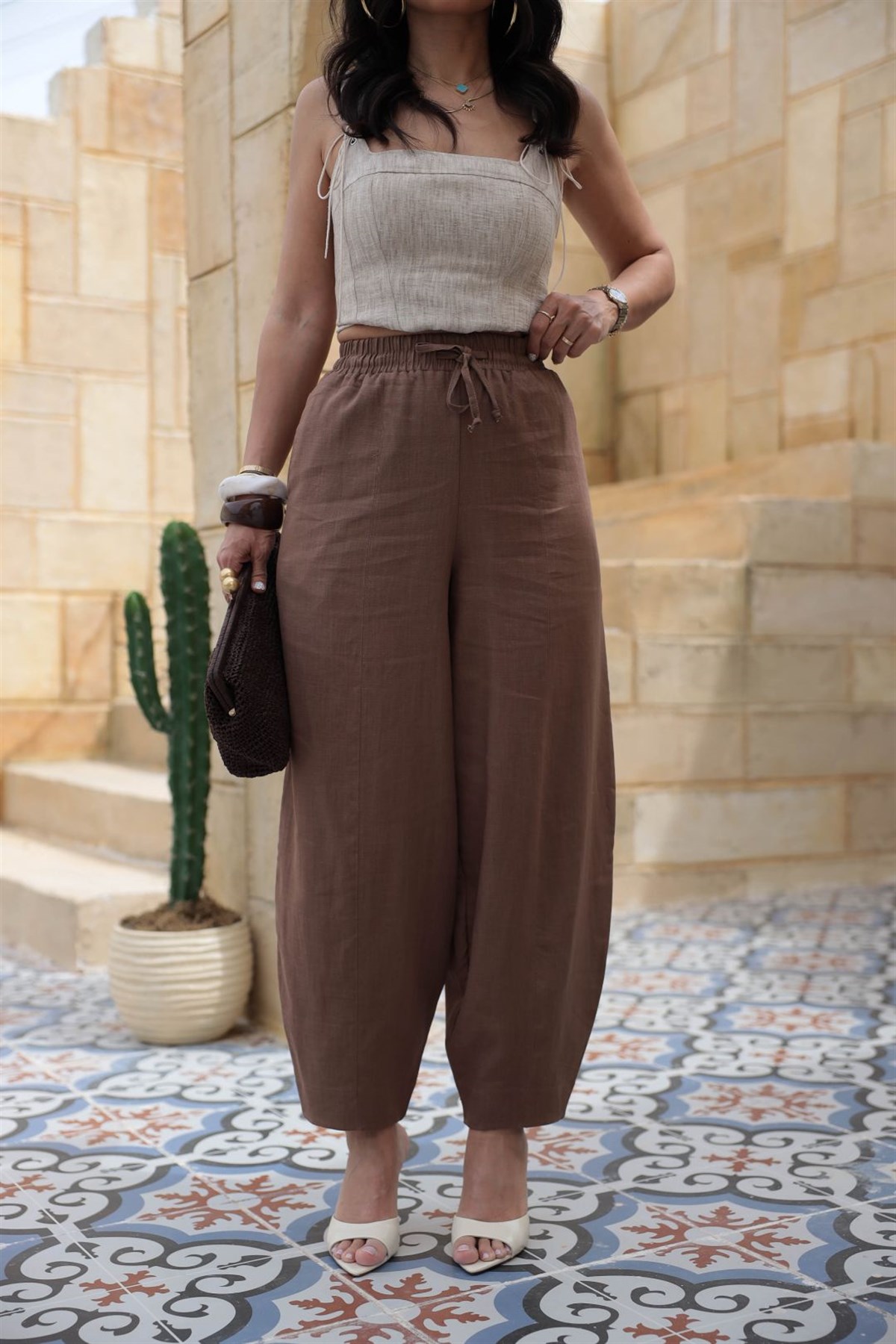 7571 Beli Lastikli Havuç Pantolon KAHVE