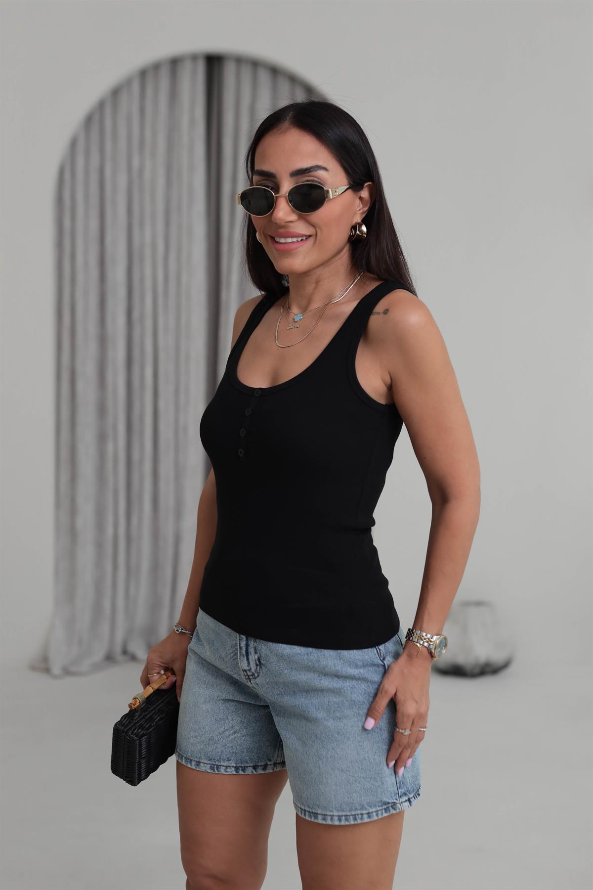 6427 Yarım Düğmeli Pamuklu Atlet SİYAH