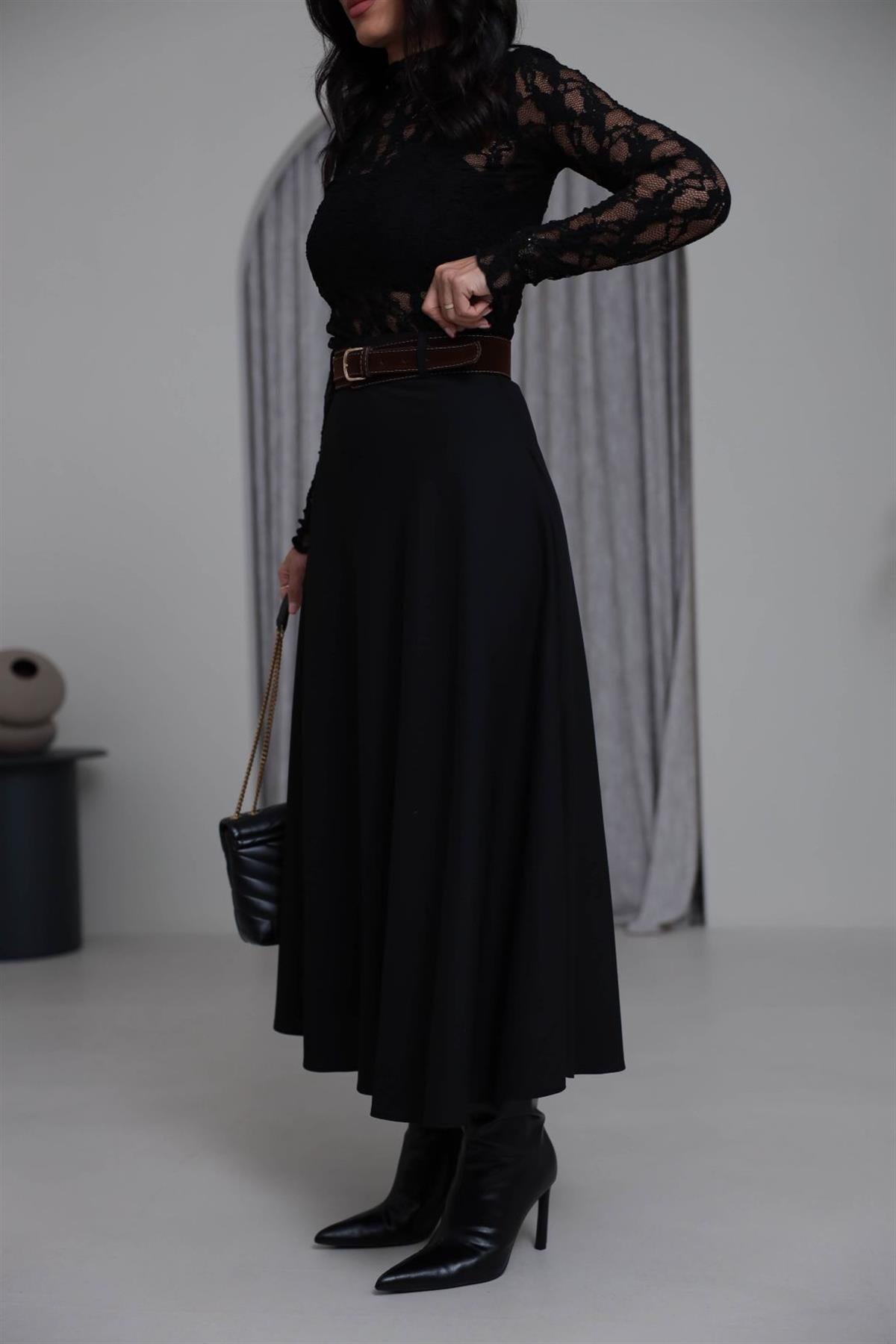 0647 Süet Kemerli Kloş Etek SİYAH