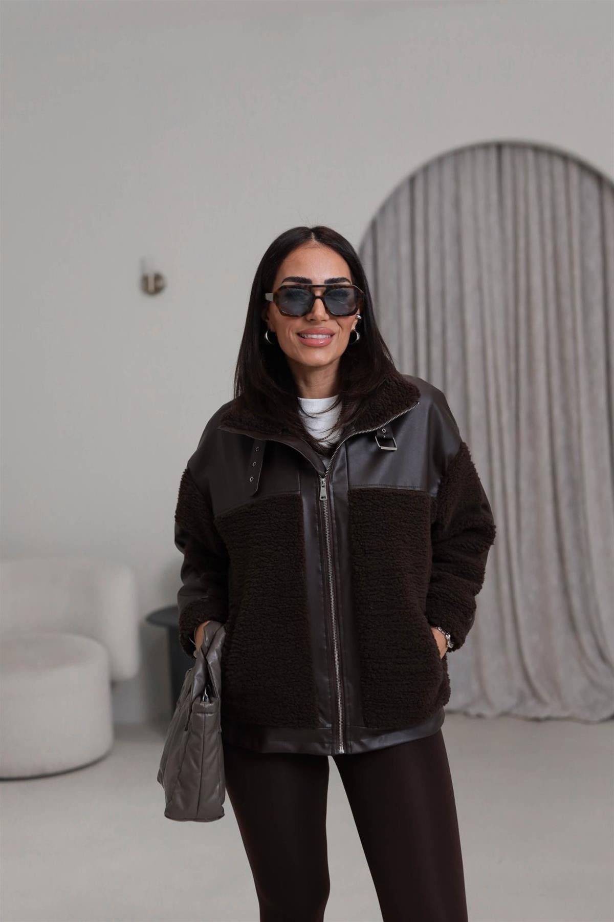 2631 Deri Garnili Kemer Detaylı Teddy Mont ACI KAHVE