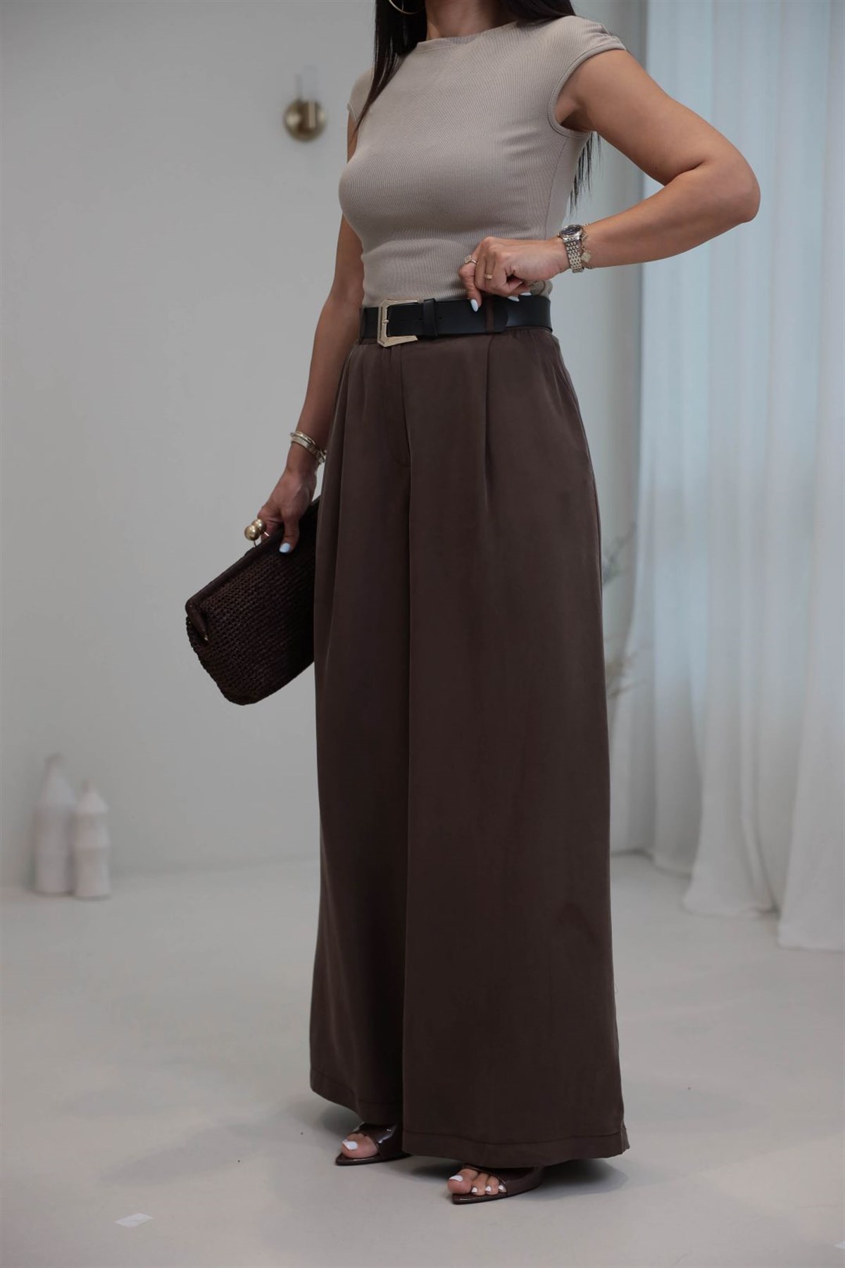 3205 Kemerli Tencel Kumaş Bol Pantolon KAHVE