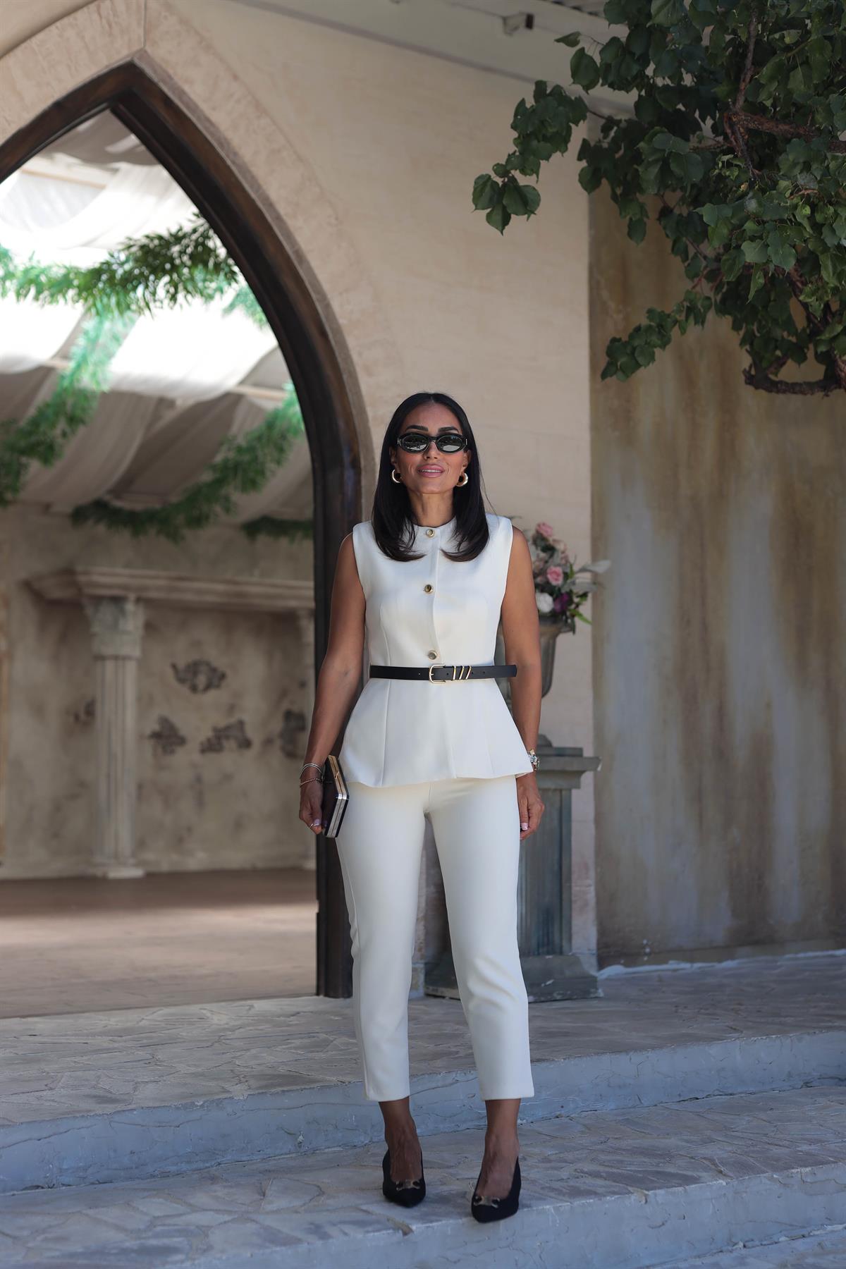 7195 Kemerli Yelekli Double Takım KREM